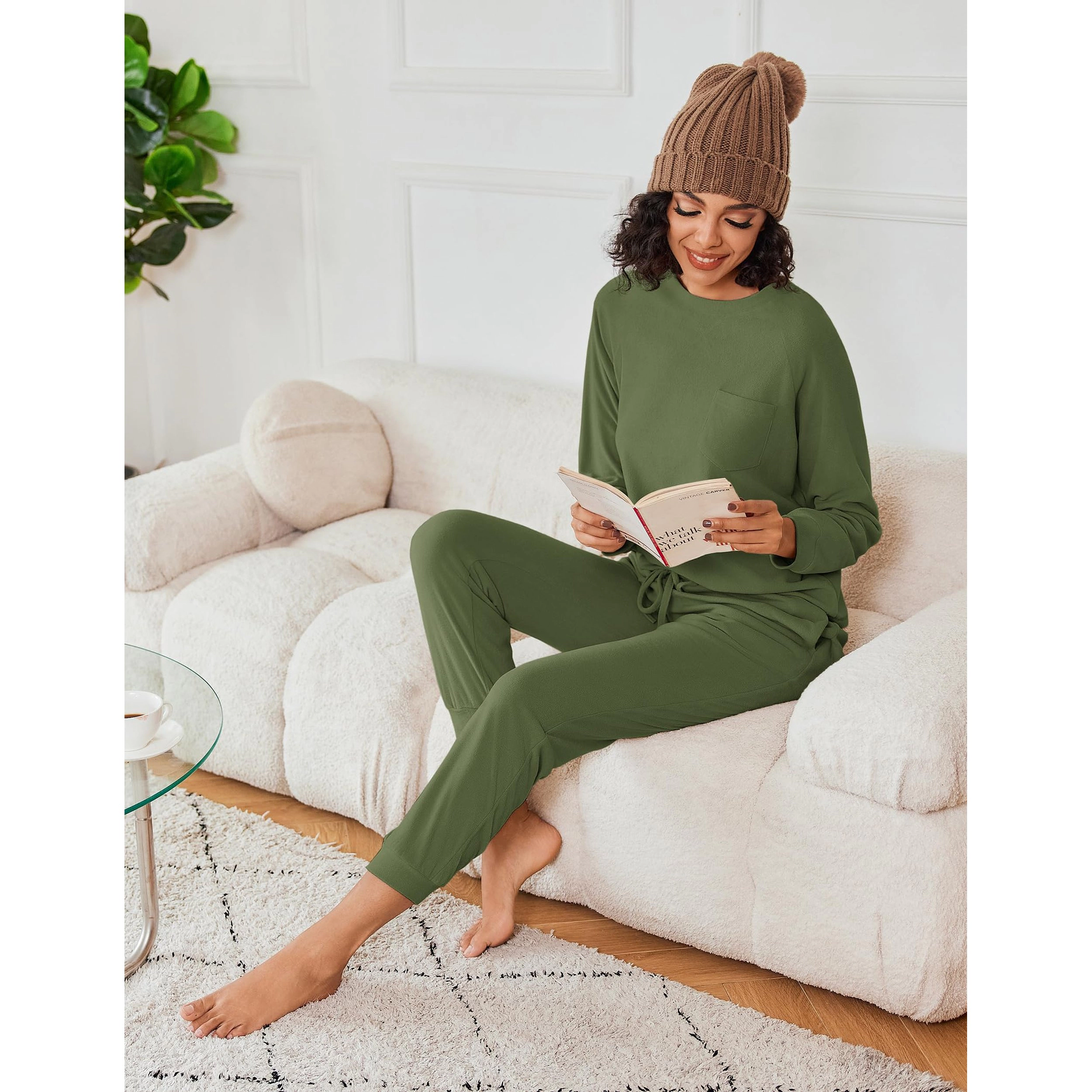 Ekouaer Womens Fuzzy Fleece Pajama Sets Long Sleeve Jogger Sleepwear Loungewear with Pockets