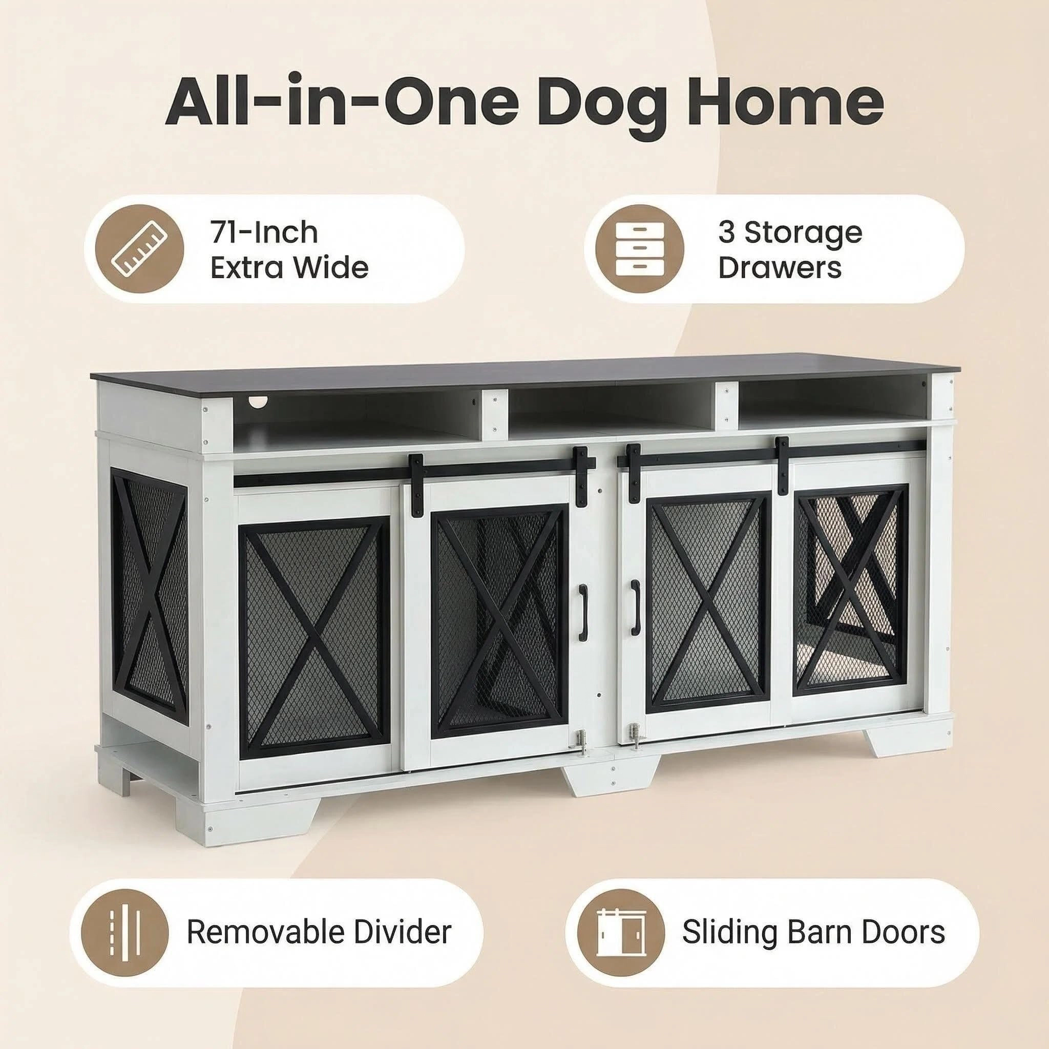71" Double Dog Crate Furniture, Heavy Duty Wood & Metal Kennel with Divider & Sliding Door, TV Stand