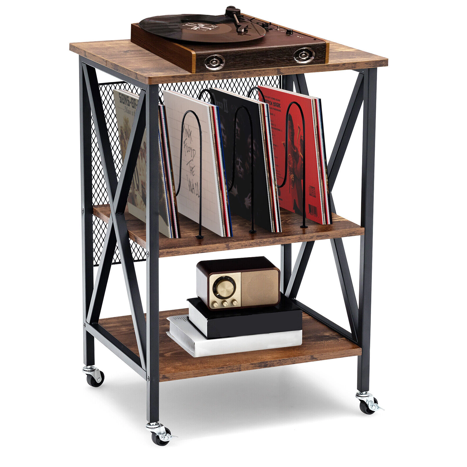 Hivvago 3 Tiers Vintage Style Rolling End Table with 3 Dividers for Albums