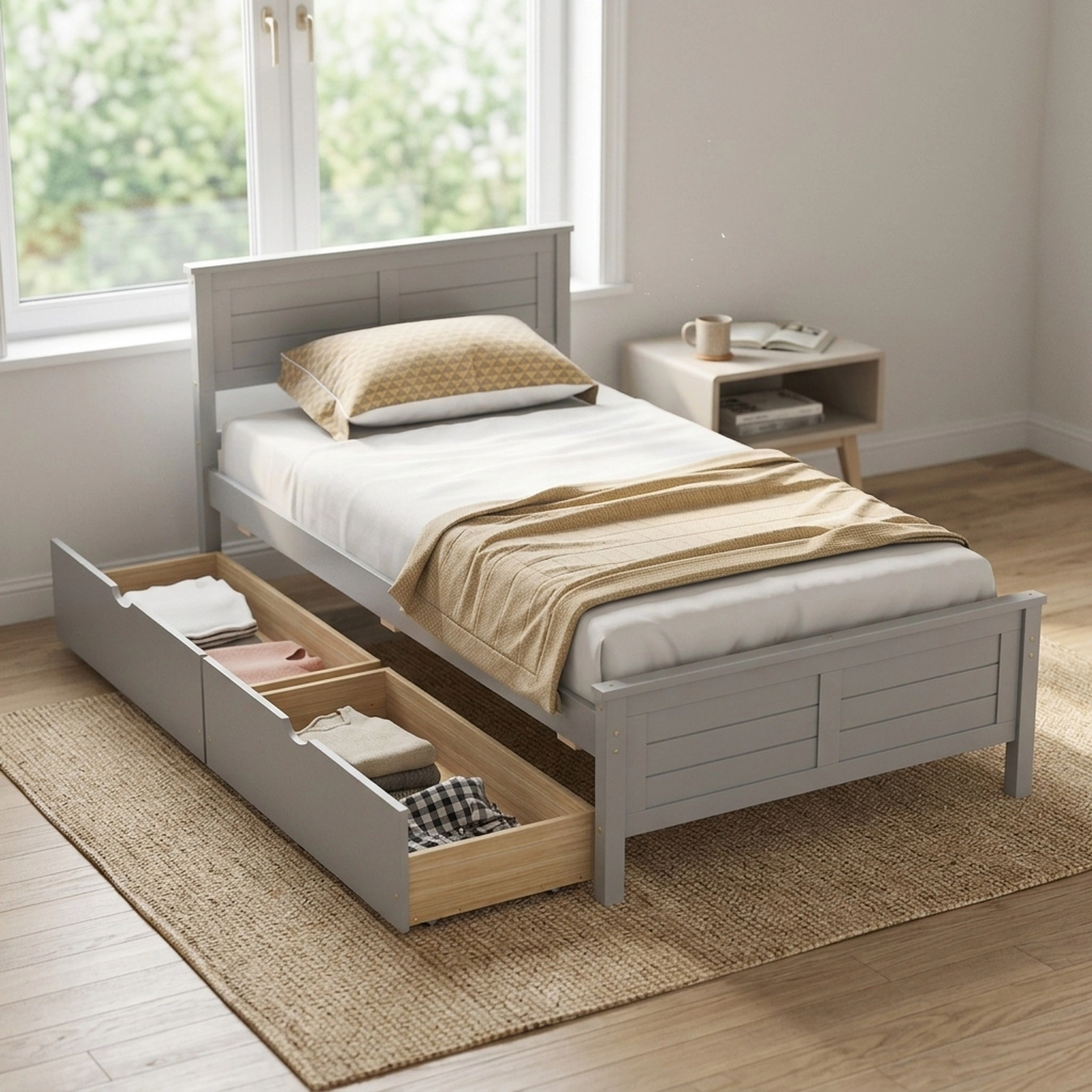 Twin Size Bed Frame with 2 Deep Storage Drawers Gray Wood Platform Bed with Headboard Footboard