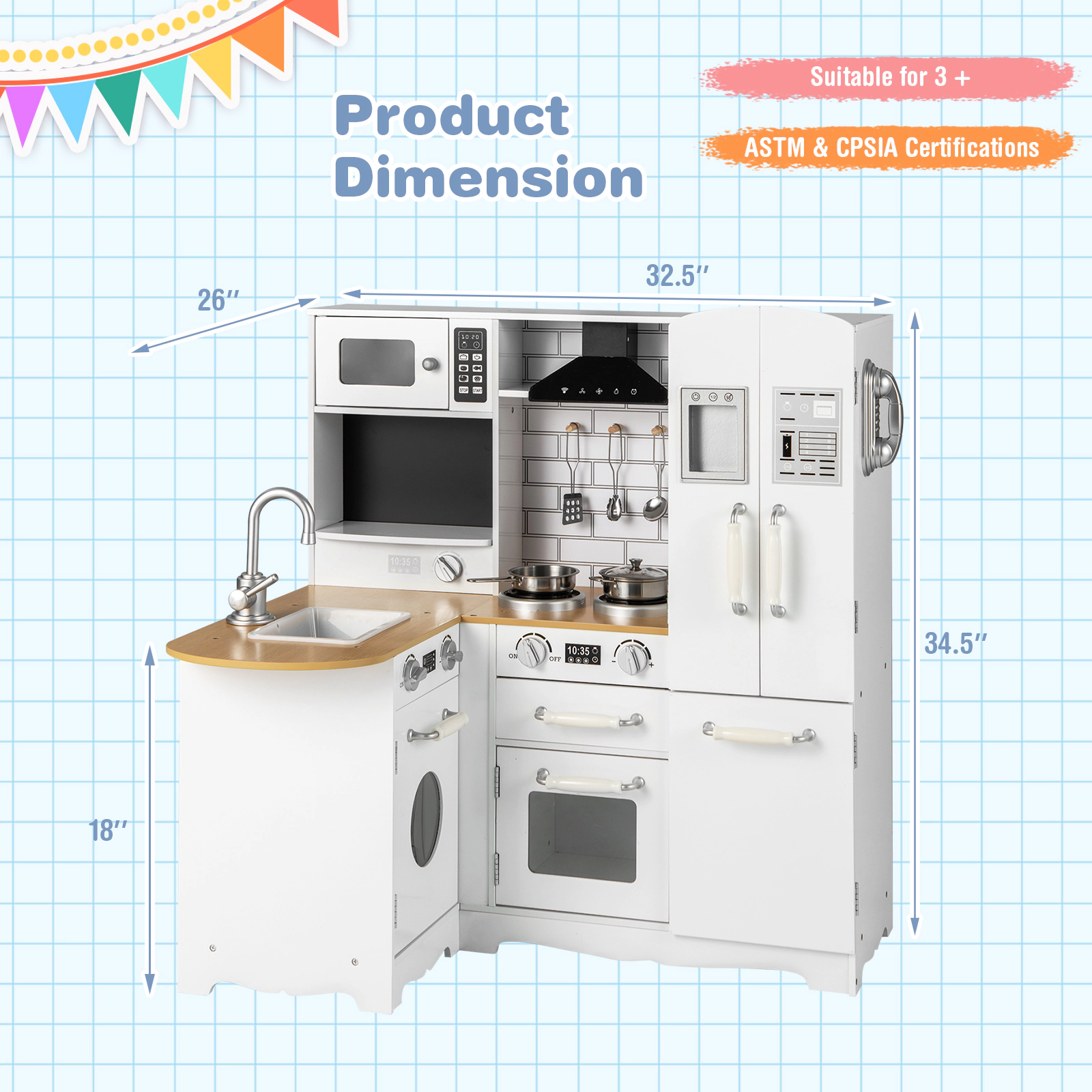 SUGIFT White Washing Machine Refrigerator and Telephone Kids Corner Wooden Play Kitchen