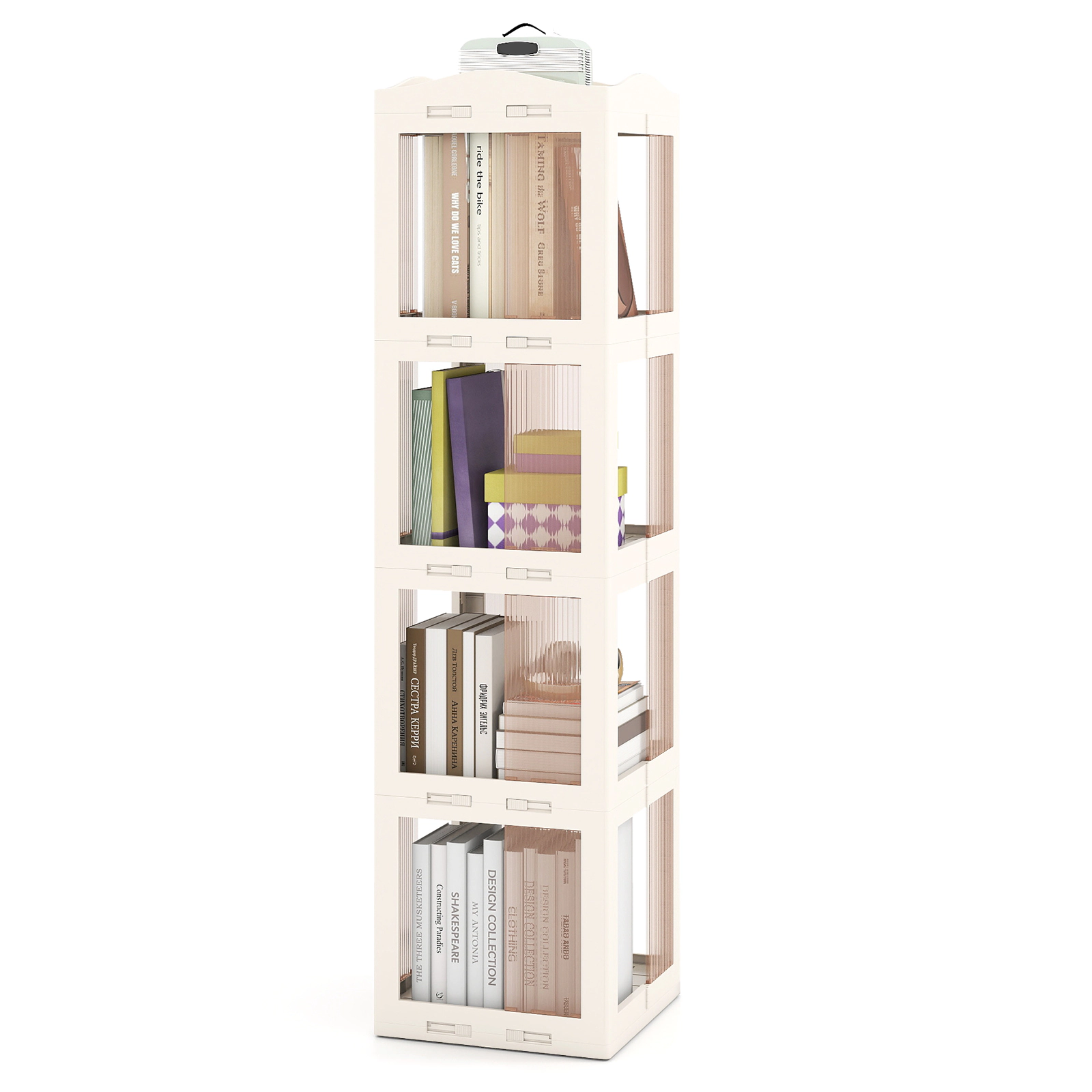 SUGIFT 4-Tier Foldable Rotating Bookshelf with Swivel Base and Translucent Panels 22-lb Per Shelf White
