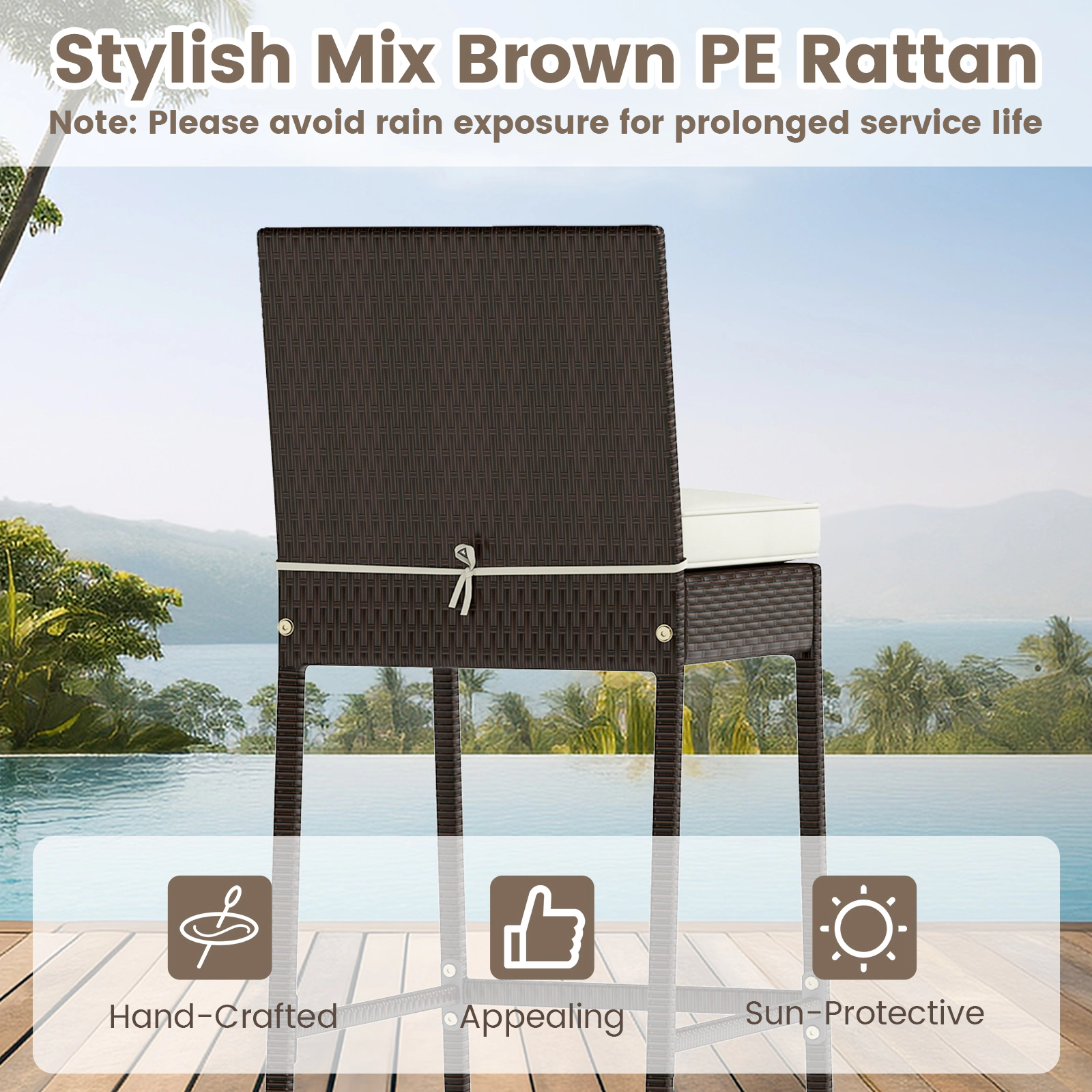 SUGIFT 3 Piece Outdoor Bar Set White with Wicker Bar Table and 2 Cushioned Bar Chairs