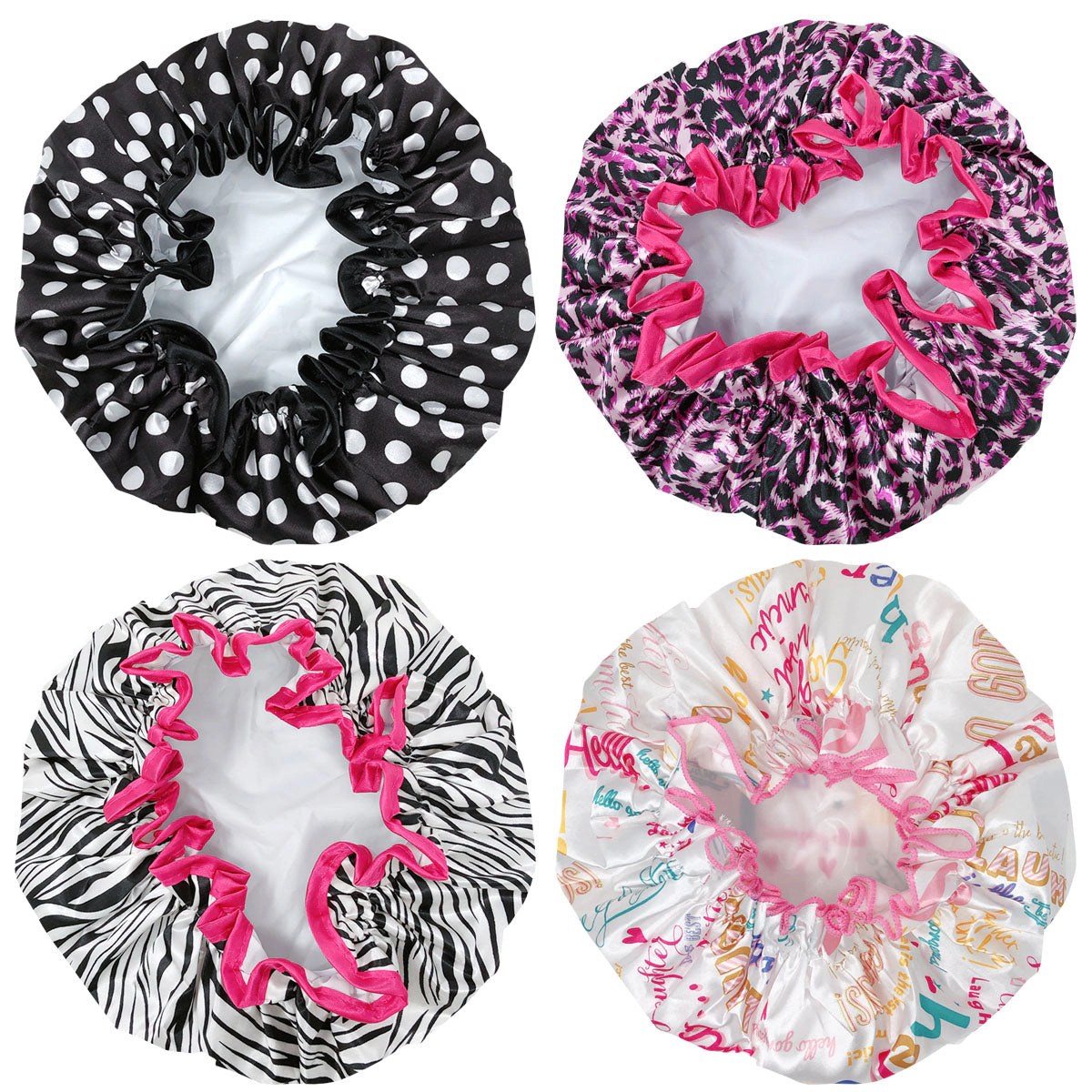 Wrapables Women's Stylish Double Layer Waterproof Shower Caps (Set of 4), Animal Print & Dots