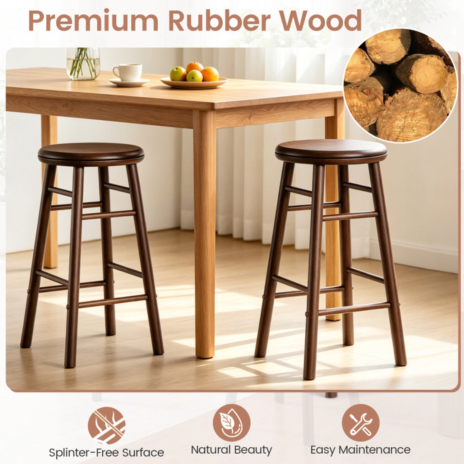 SUGIFT 24-in Rubber Wood Swivel Bar Stools Set of 2 with Footrests and Crossbars 330-lb Capacity Natural Gray Walnut