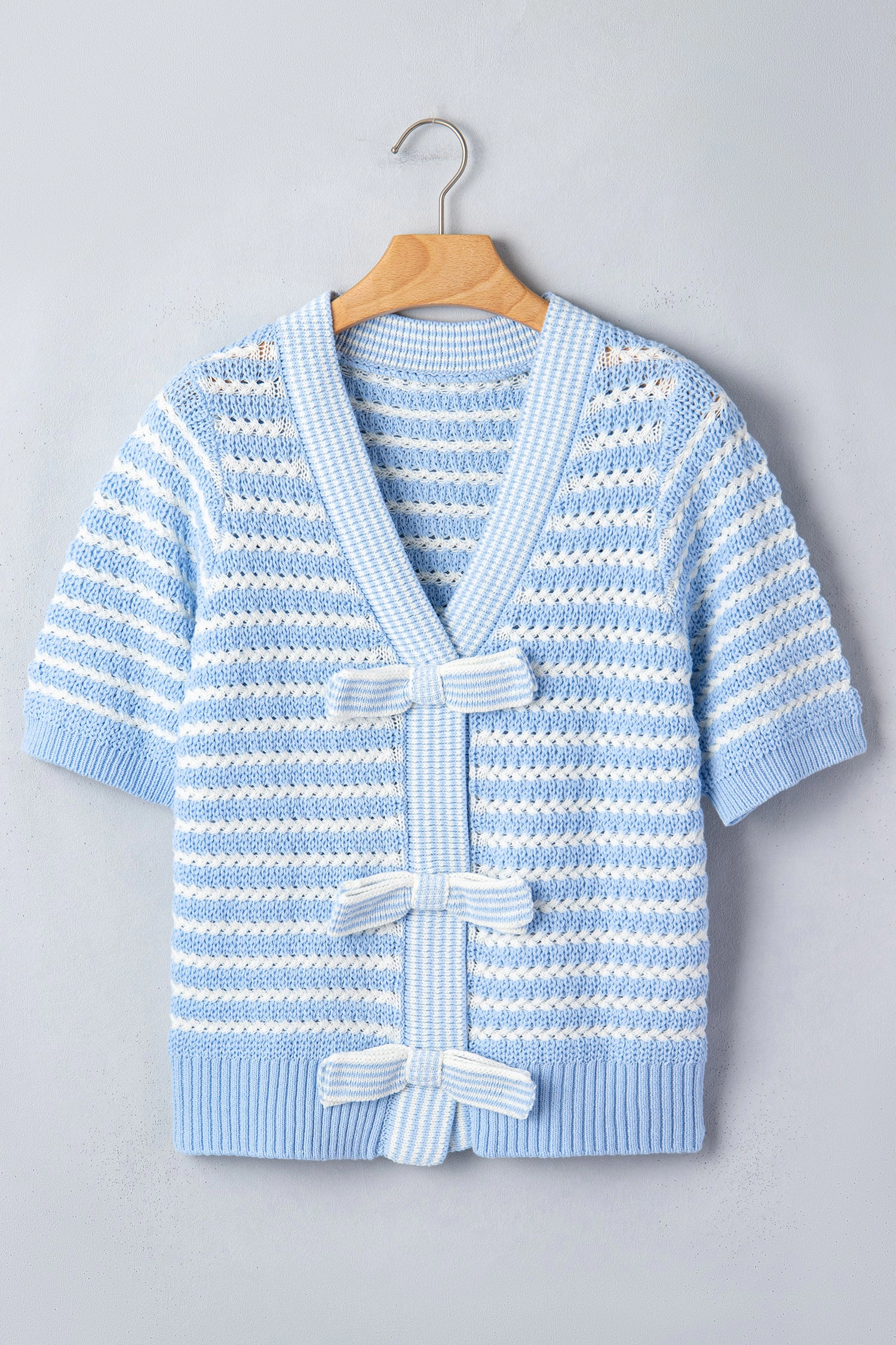 Threaded Pear Sky Blue Stripe Short Sleeve Knit V Neck Bow Knot Sweater