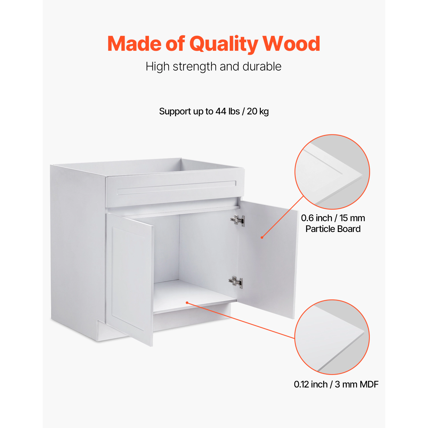 HONGGE White Shaker Base Cabinet with Soft-Close and Adjustable Shelf, Ready to Assemble