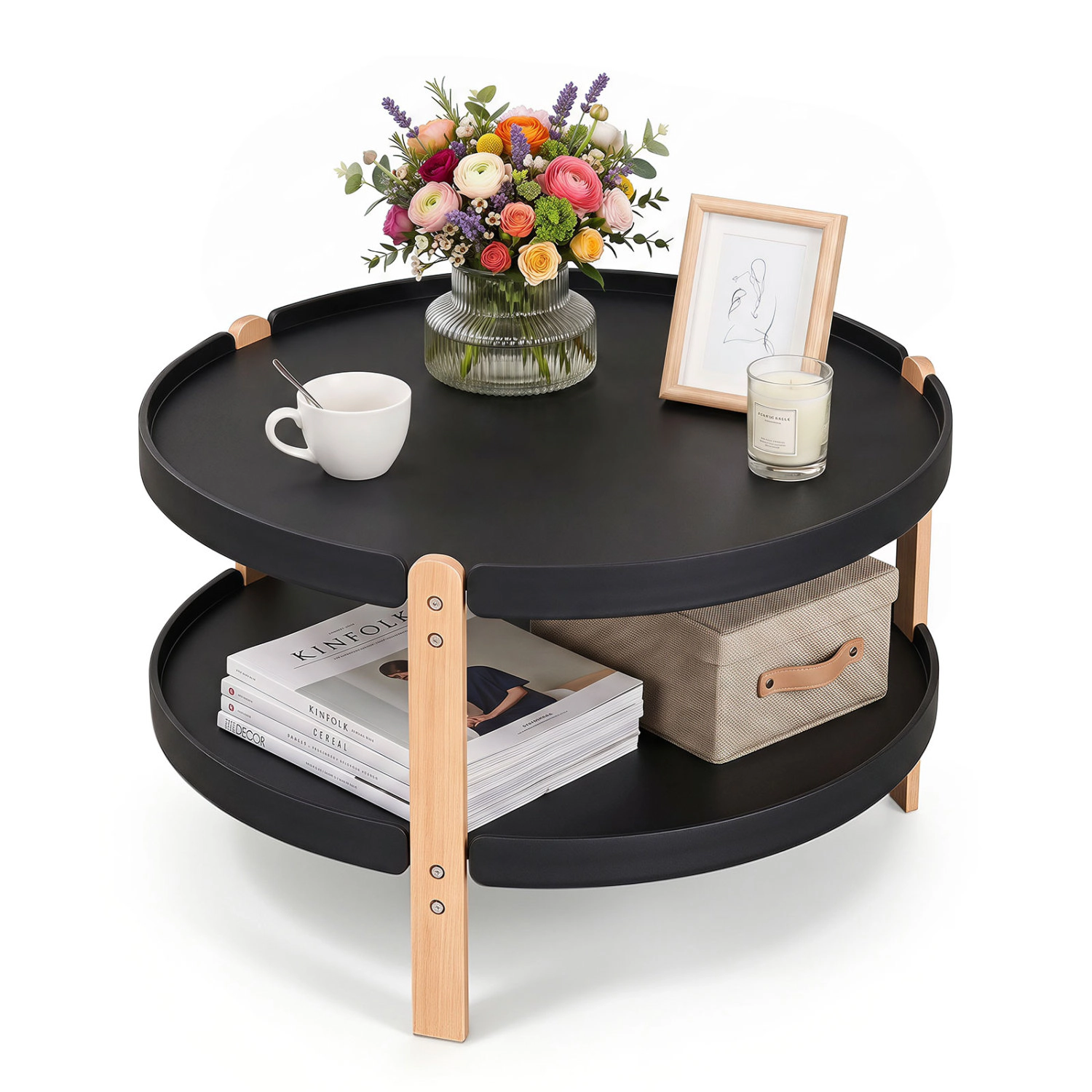 LJG 23.5" 2-Tier Round Coffee Table with Solid Wood Legs and Open Storage Shelf