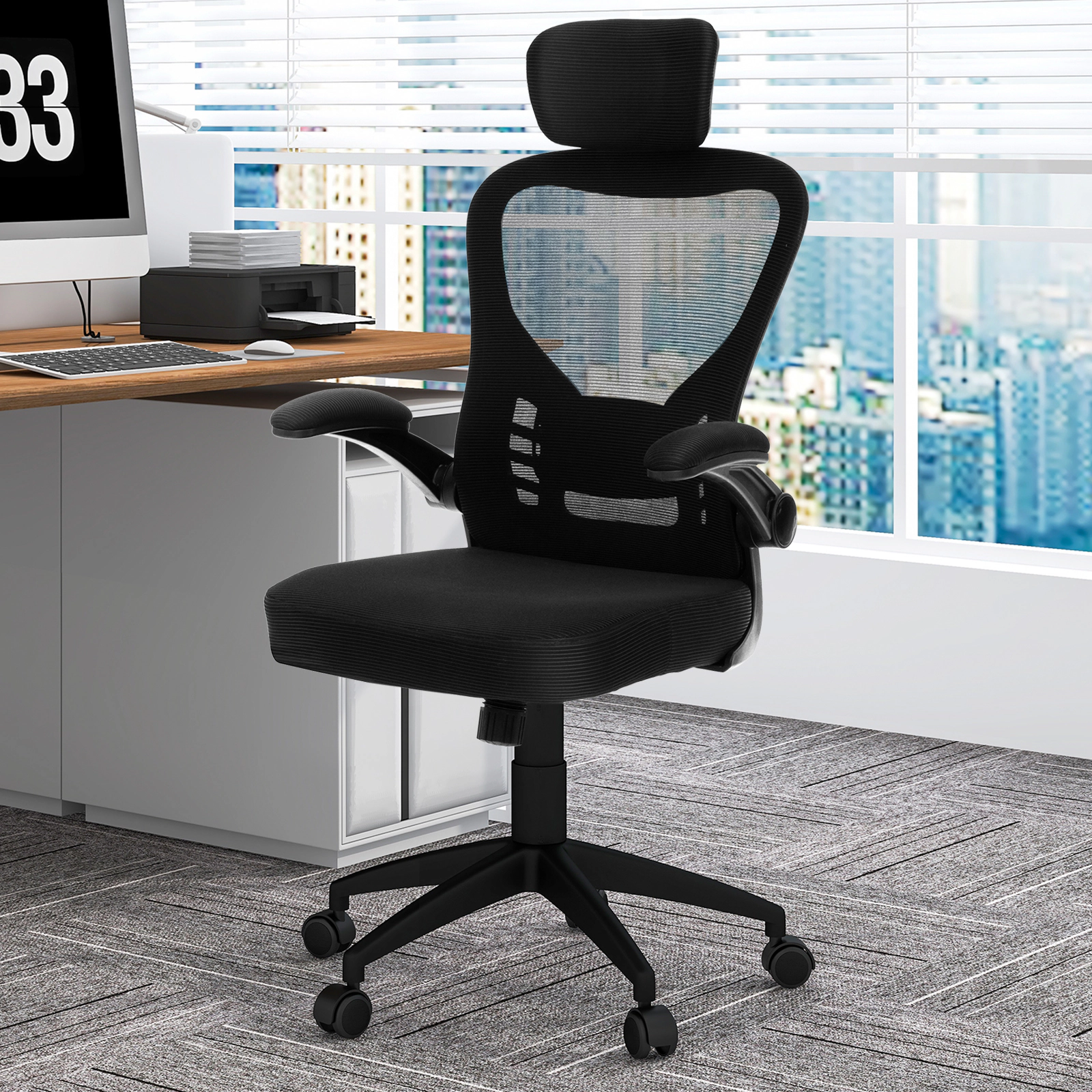 SUGIFT Mesh Office Chair with Adjustable Height Headrest Lumbar Support Flip-Up Armrests and Rocking Function 26