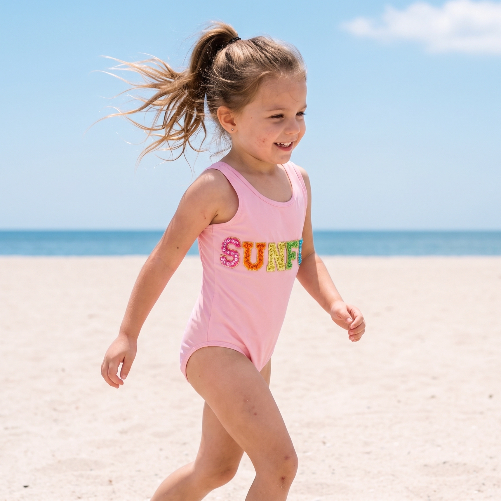 2Bunnies Girls' Rhinestone Sequin Letter One-Piece Swimsuit