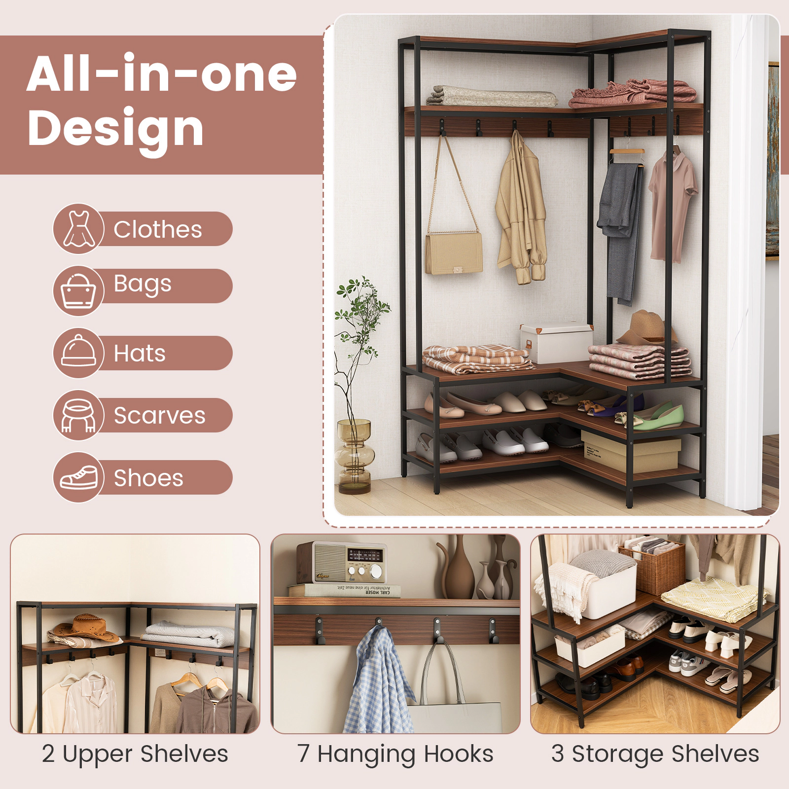 SUGIFT L-Shaped Open Shelves 7 Hooks Corner Garment Rack Shoe Bench 35.5-in x 35.5-in x 70-in 200-lb Capacity Walnut