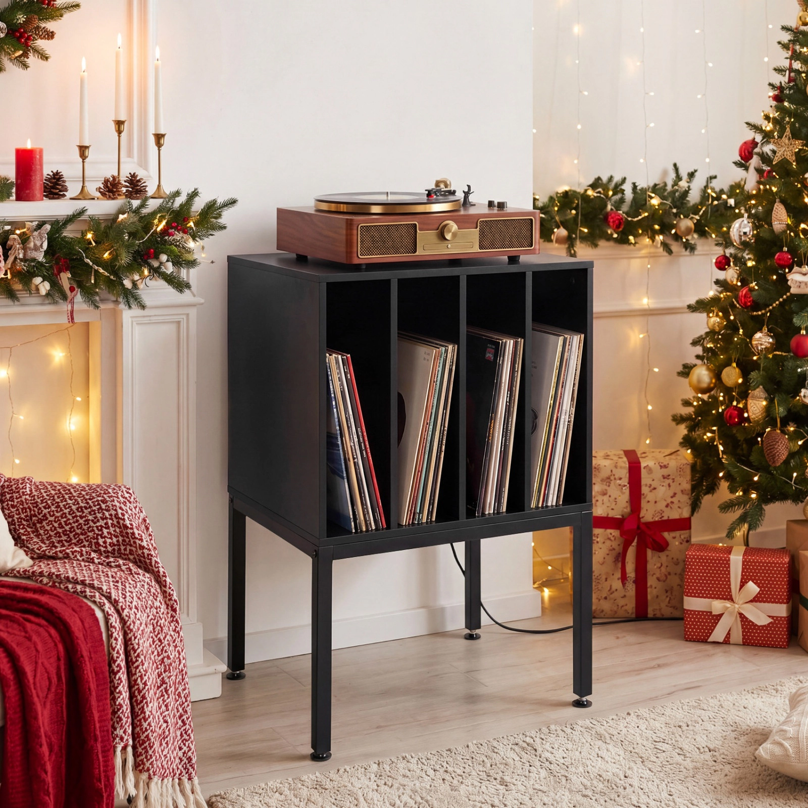 SUGIFT Turntable Record Player Stand Black with Power Outlets and 4-Partition Storage