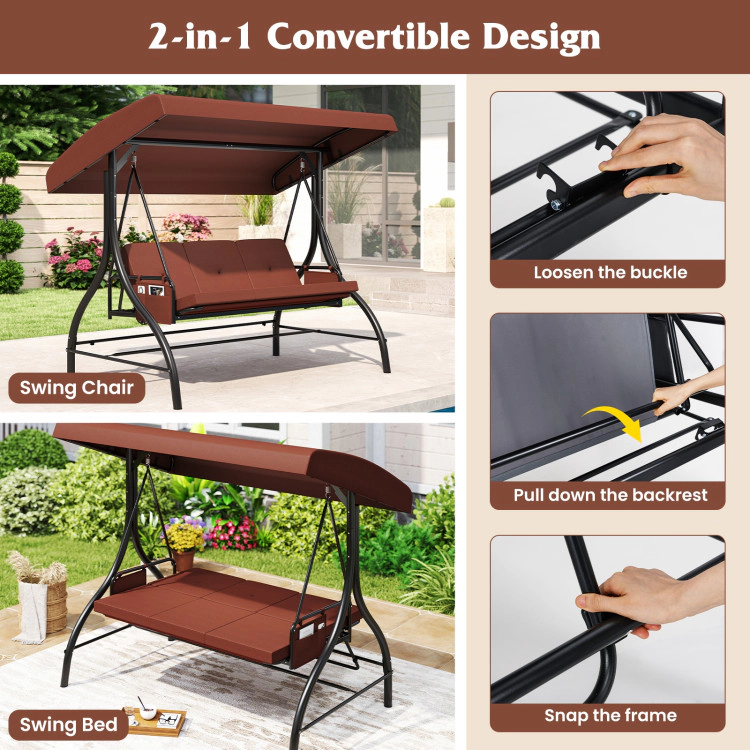 Hivvago 3-Piece Patio Swing With Canopy Removable Cushions And Side Pockets