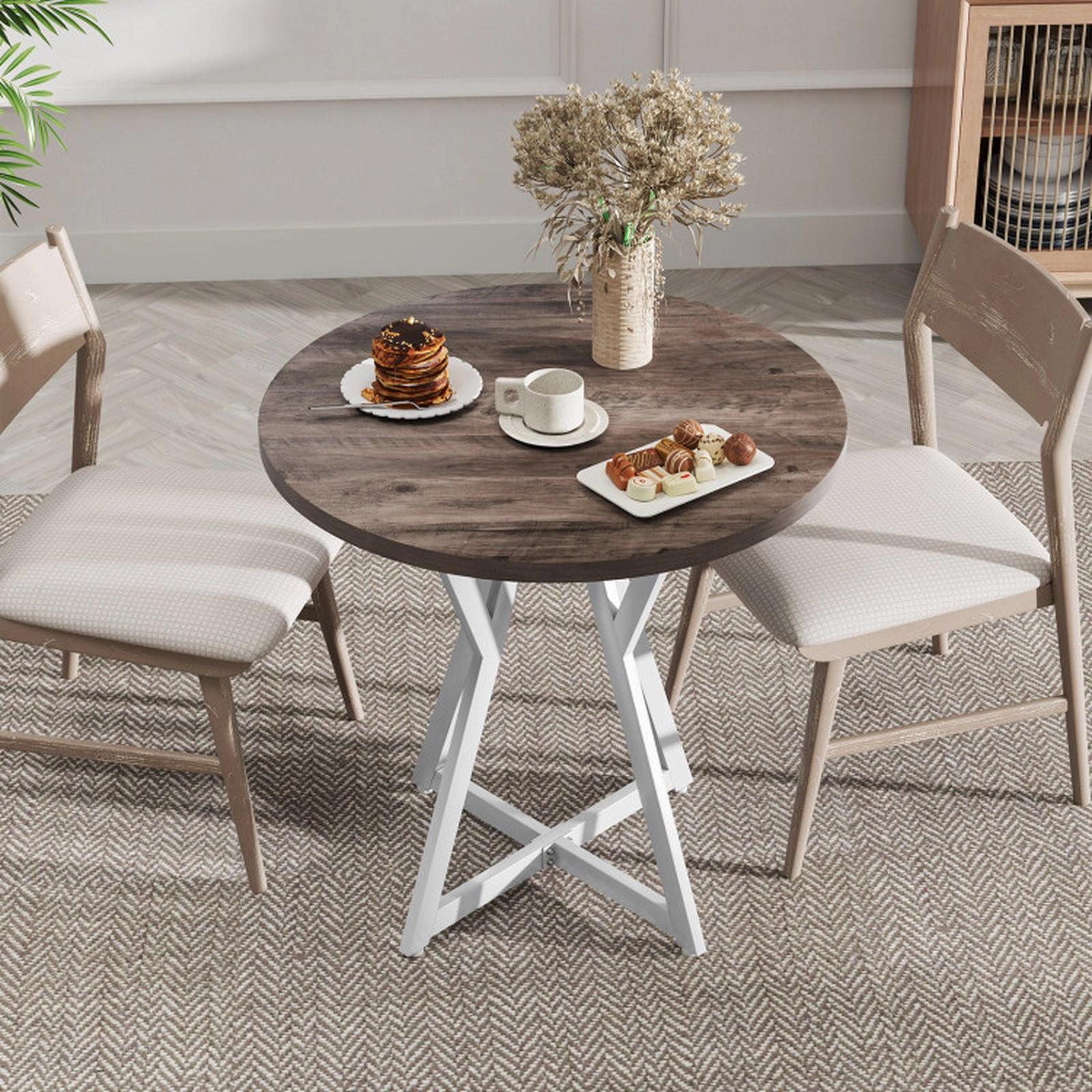 SUGIFT 31.5-Inch Brown Round Dining Table for 2 with Metal X-Pedestal Base