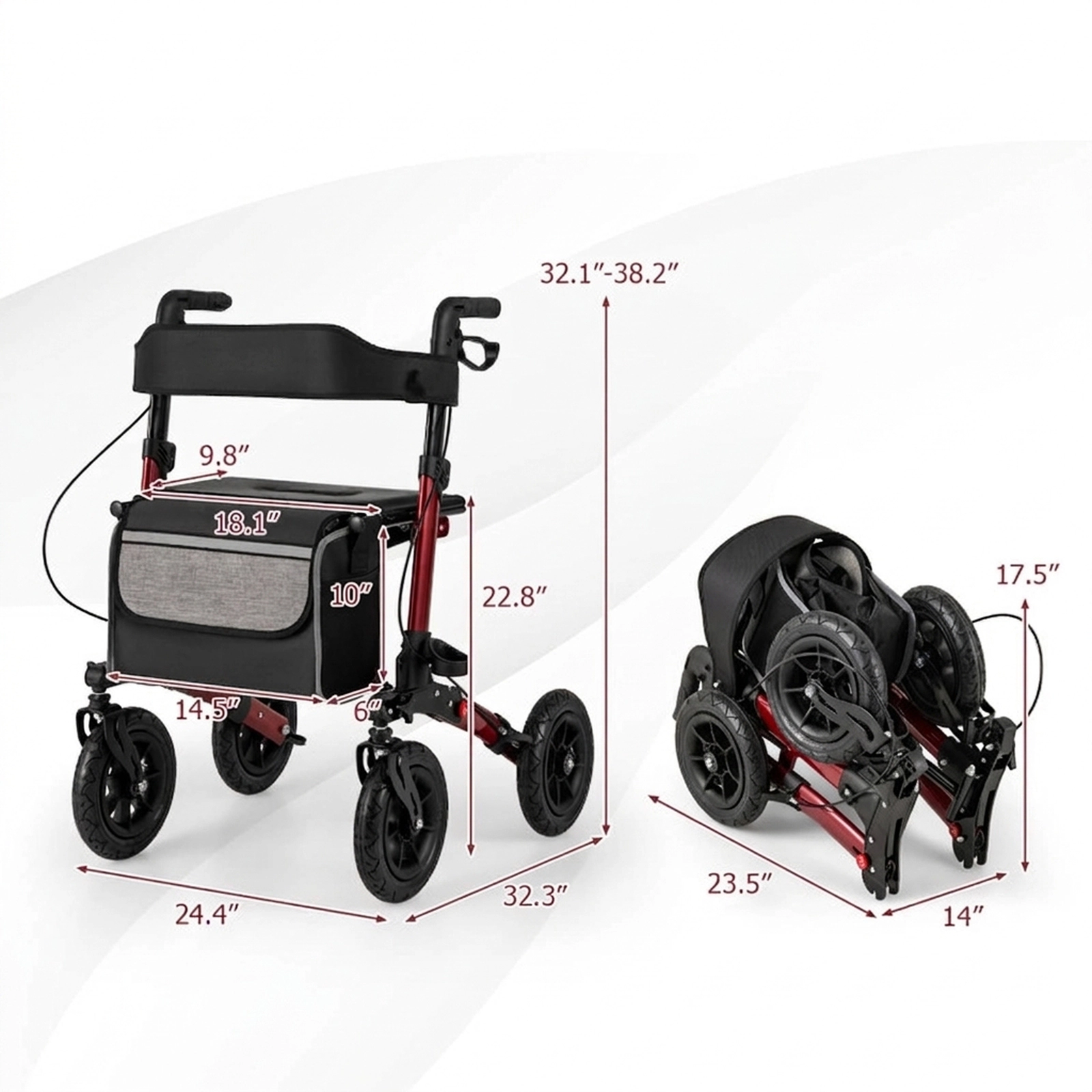 SUGIFT Red All Terrain Rollator Walker with 9-in Pneumatic Tires 24.4-in W 32.3-in D 308-lb User Capacity