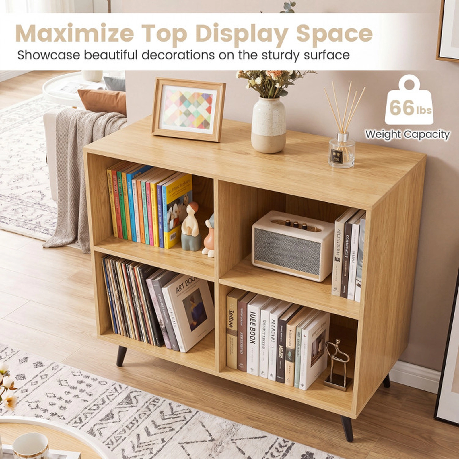 SUGIFT 4-Cube Wooden Bookshelf Bookcase Enclosed Back Panels & 5 Metal Legs 66-lb Top Shelf Capacity 22-lb Cube Capacity