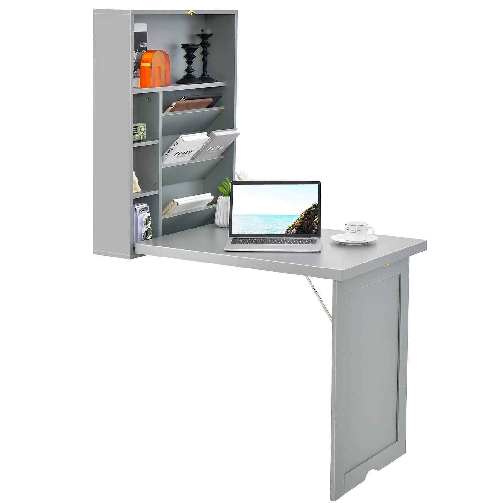 SUGIFT 36-in Wall Mounted Fold-Out Convertible Floating Desk with Adjustable Shelves and Storage