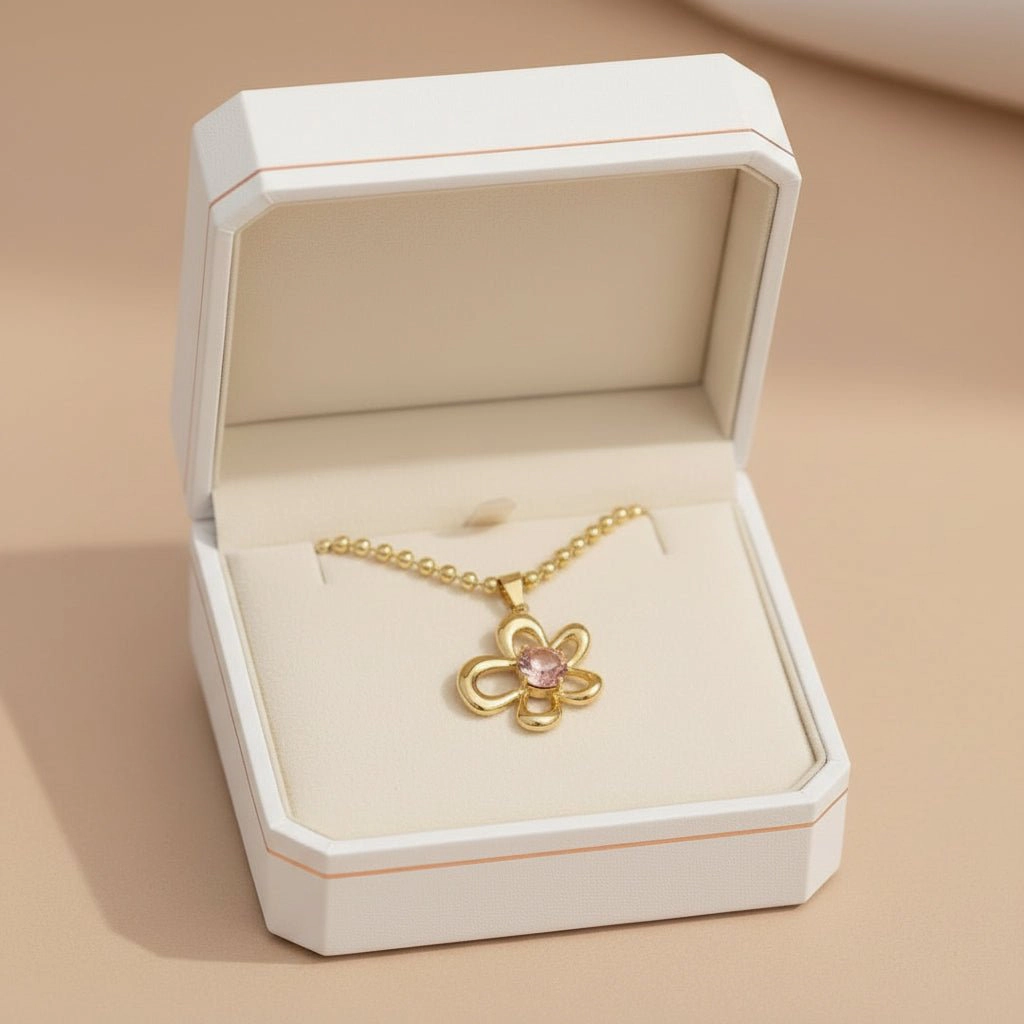 DressAtR Women's Pink Flower Zircon 18K Gold Plated Necklace