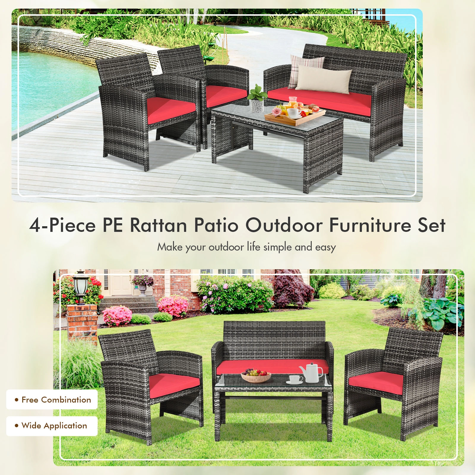 SUGIFT Loveseat 2 Chairs and Glass Table 4-Piece Patio Rattan Conversation Set