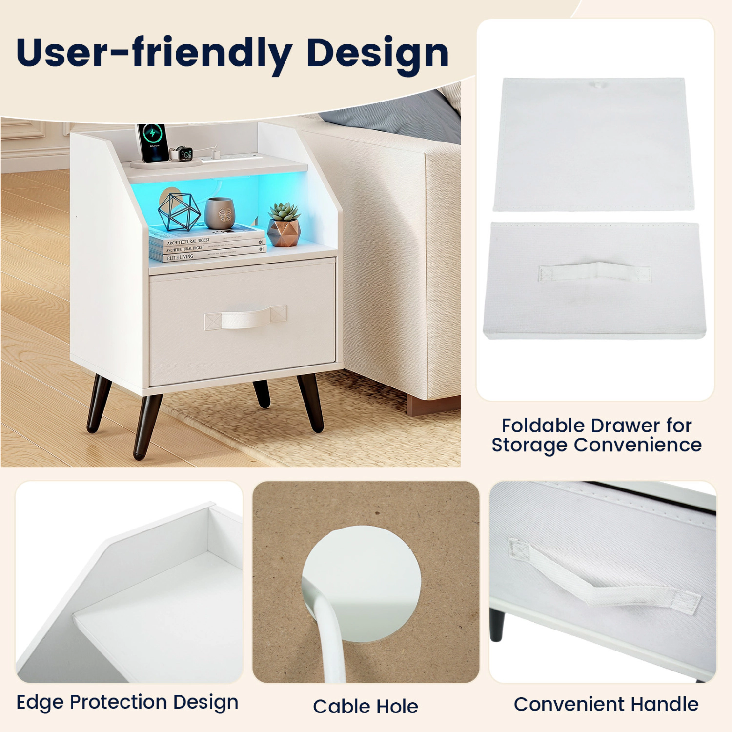 Hivvago Nightstand With Power Outlets And Open Storage Shelf
