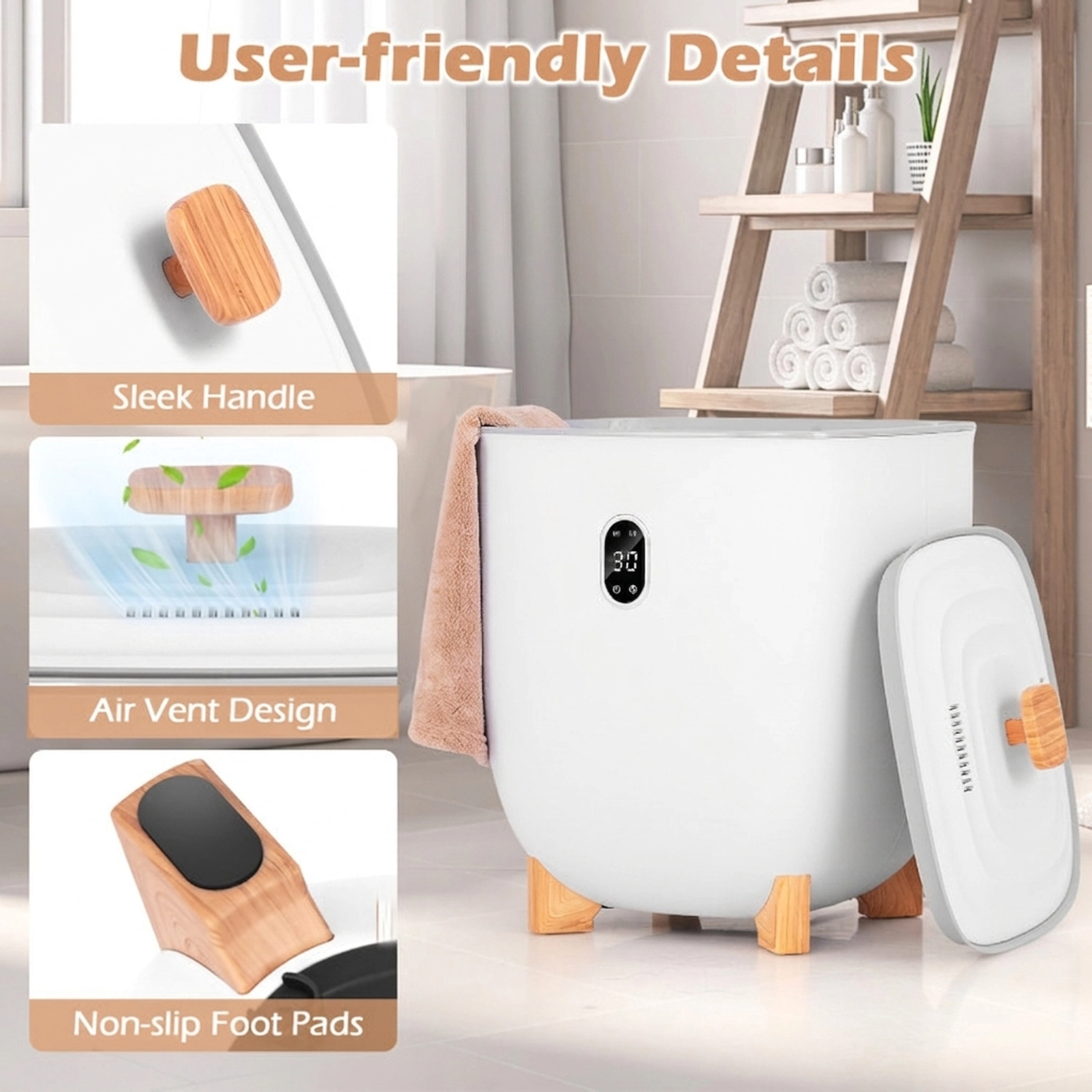 SUGIFT 25L Fast-Heating Towel Warmer Bucket with LCD Panel 2 Temperature Settings Timer and Auto Shut Off White