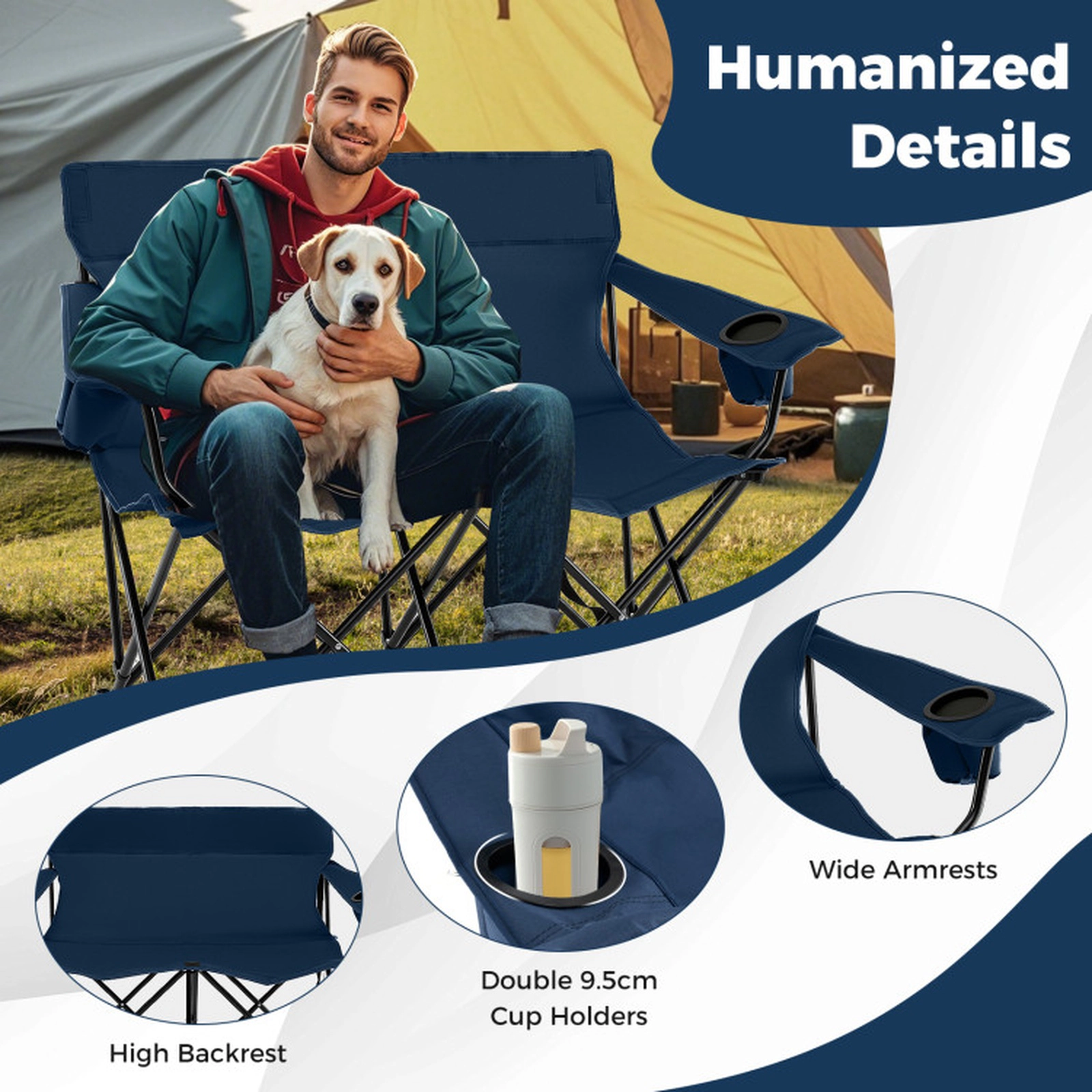 SUGIFT 2-Person Double Camping Loveseat Chair 660-lb Capacity 52-in Wide Folding Outdoor Seat with Cup Holders Blue