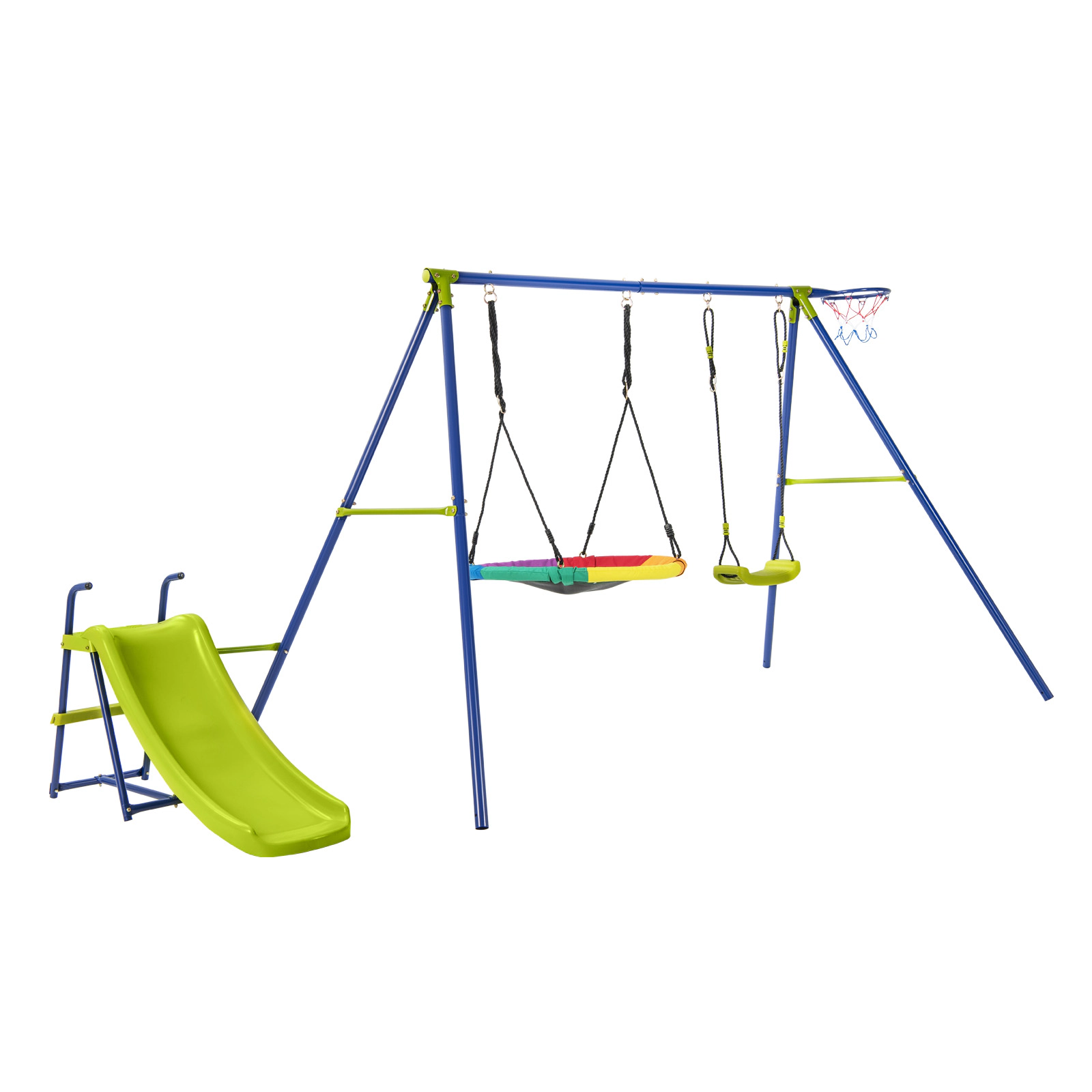 SUGIFT 4-in-1 Heavy-Duty Metal Kids Playset with Slide 32.5-in Saucer Swing Belt Swing and Basketball Hoop