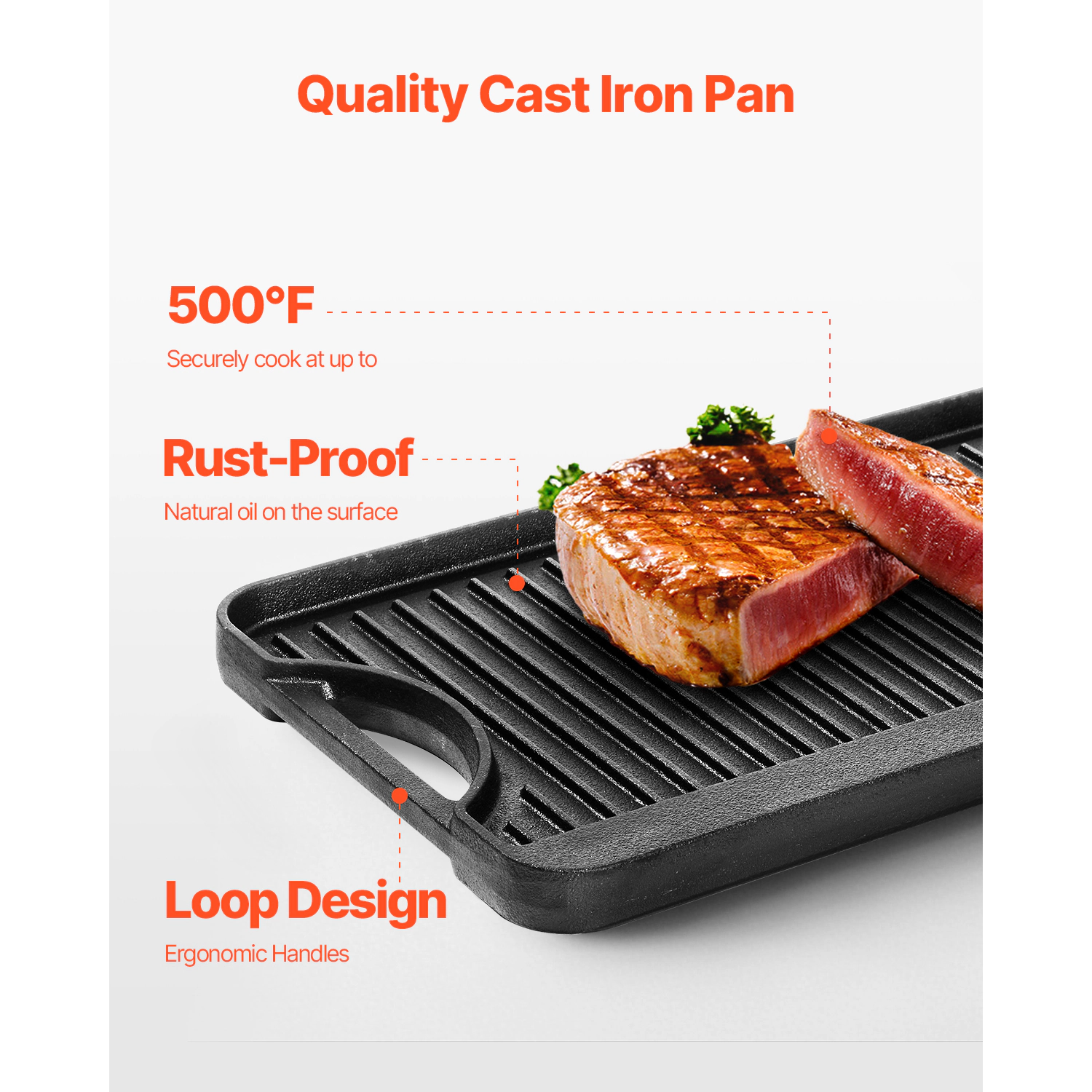 HONGGE Reversible Grill/Griddle Pre-Seasoned Cast Iron Griddle Portable Rectangular Pan with Handle Family Cookware for