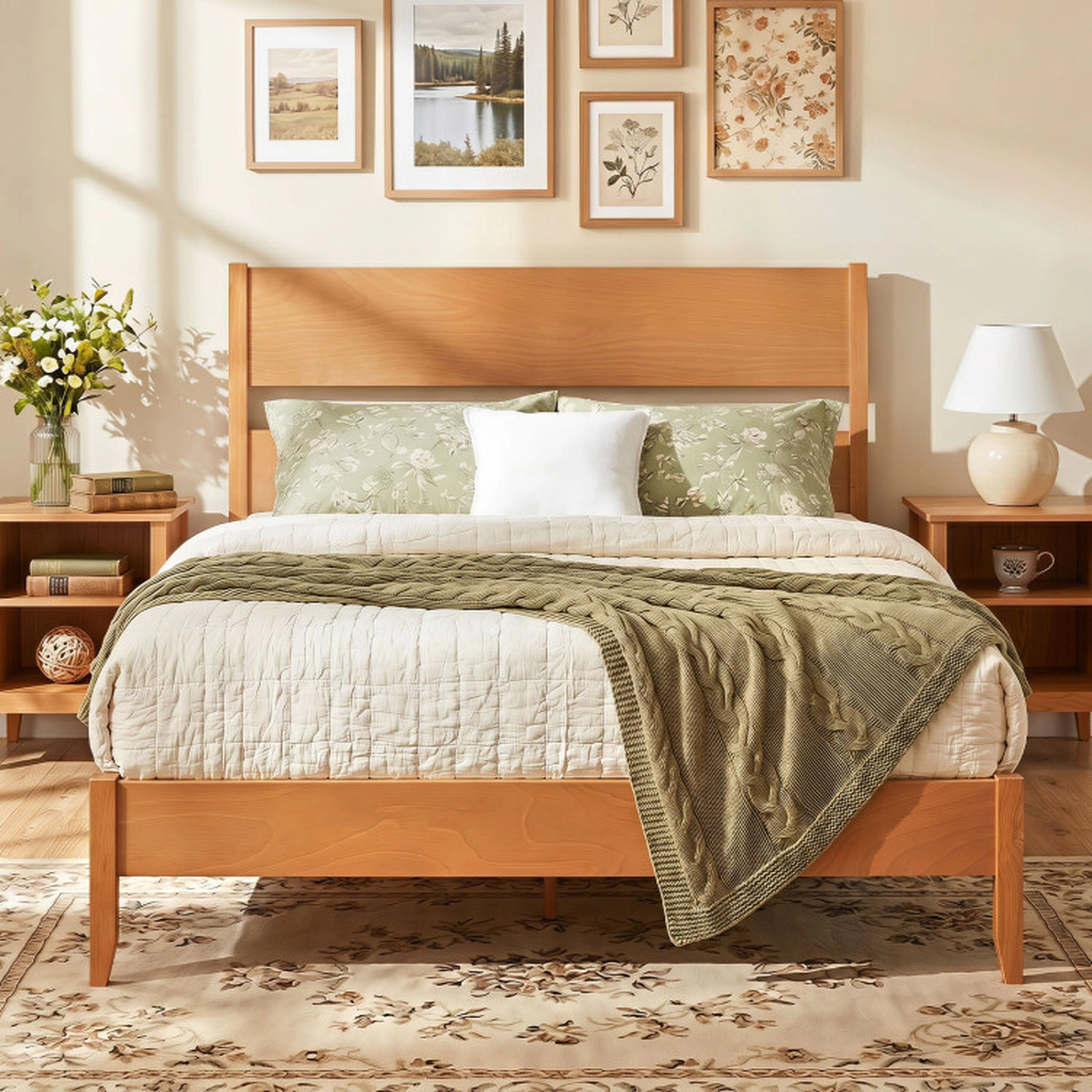 SUGIFT Queen Bed Frame with Headboard and Solid Wood Legs 800-lb Capacity Warm Brown/Dark Walnut