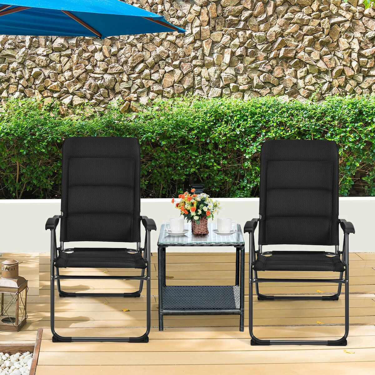 SUGIFT 2-Piece Outdoor Folding Patio Chairs with 7-Position Adjustable Backrests 300-lb Capacity Black/Gray