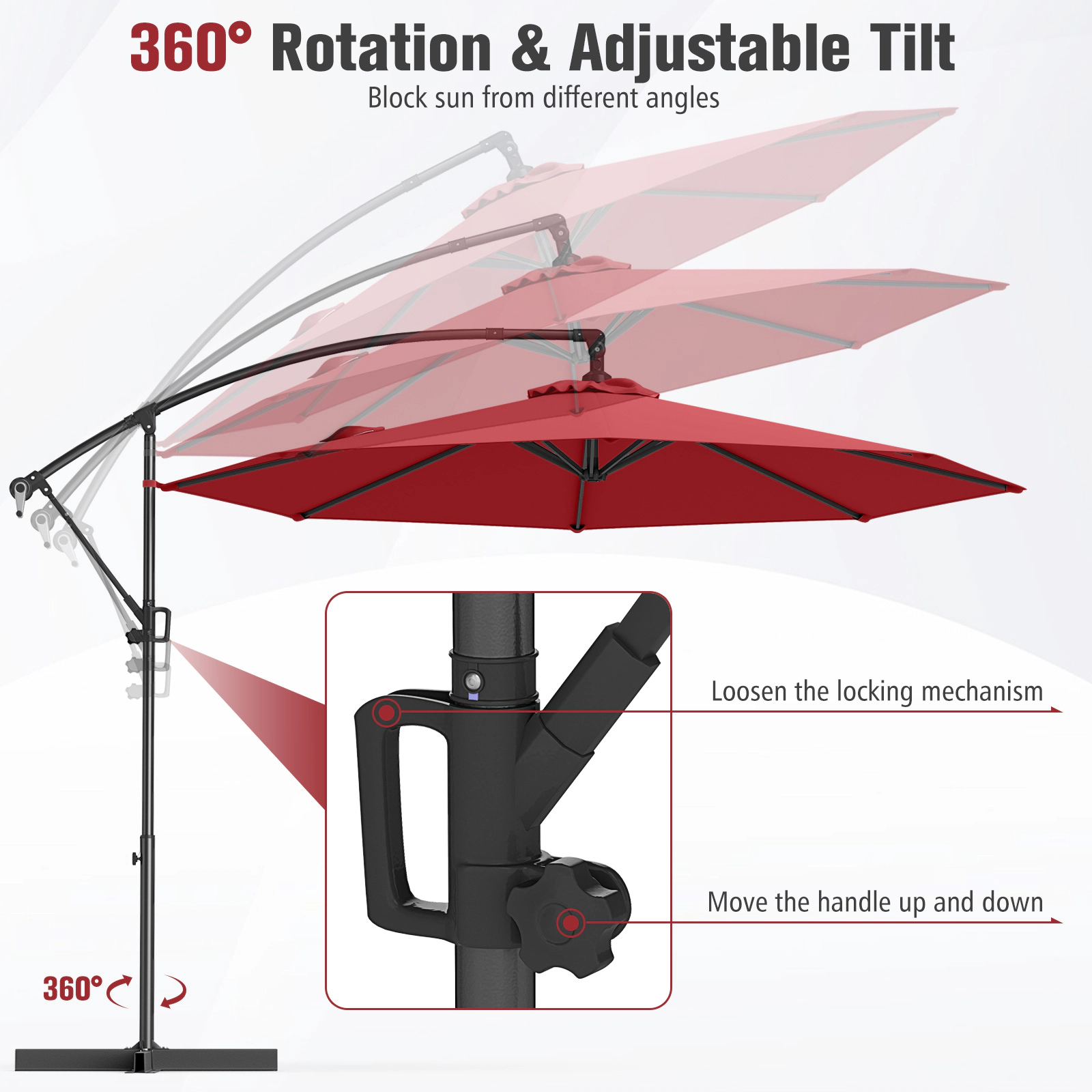 SUGIFT 10-ft Wine Offset Hanging Patio Umbrella with Base Infinite Tilt 8 Metal Ribs and Vented Canopy