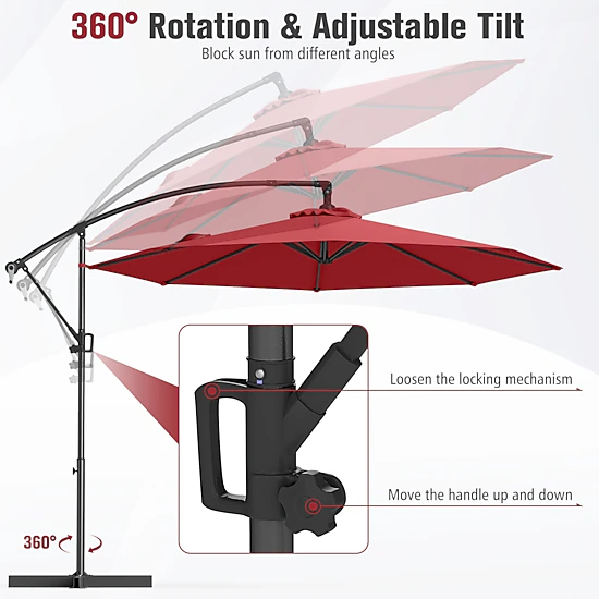 SUGIFT 10-ft Wine Offset Hanging Patio Umbrella with Base Infinite Tilt 8 Metal Ribs and Vented Canopy
