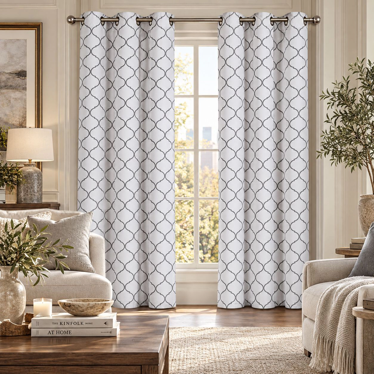 Kate Aurora Contemporary Living 2 Pack Gray And White Trellis Clover Window Curtains - 38 in. W x 84 in. L