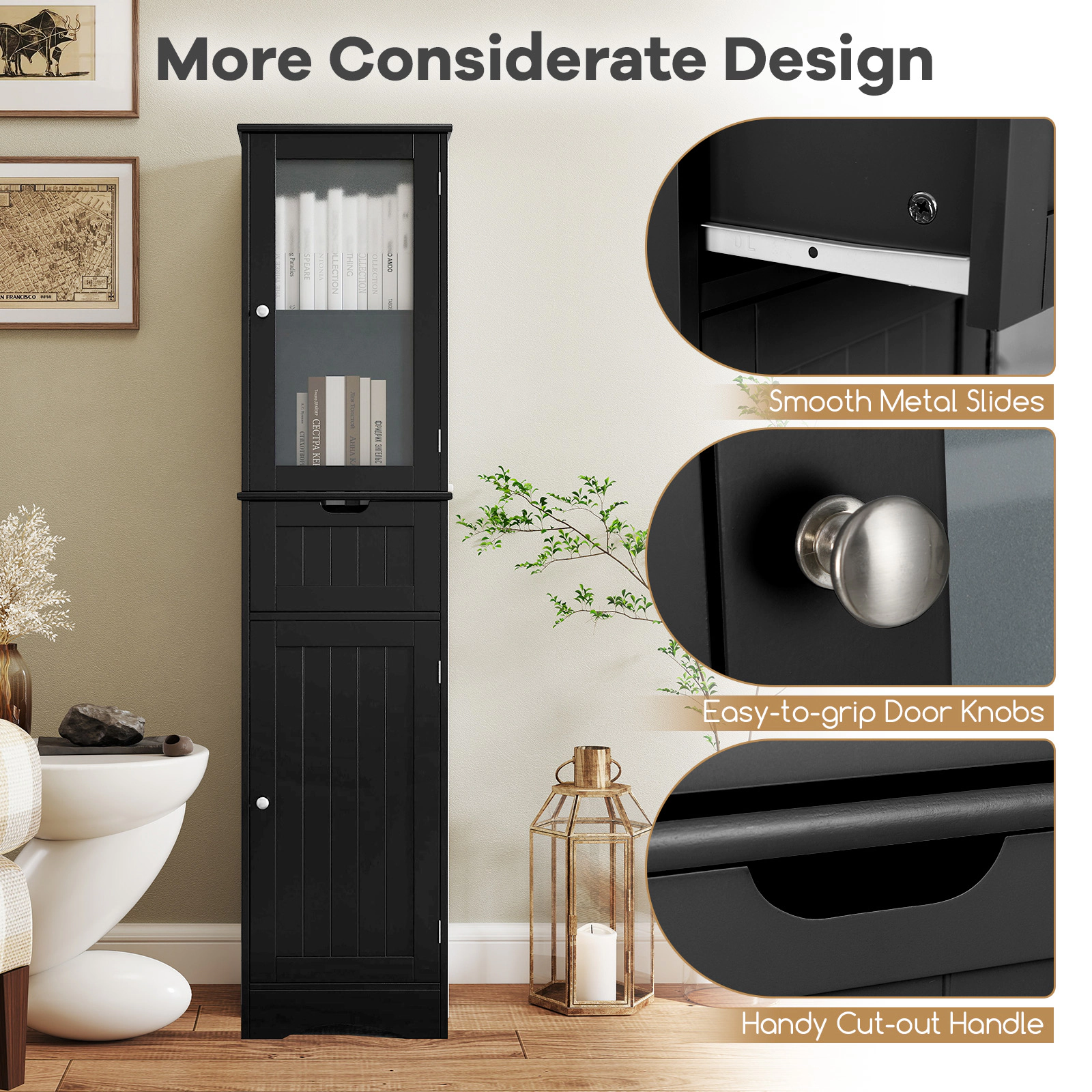 SlickBlue Tall Storage Cabinet with Glass Doors and Drawer