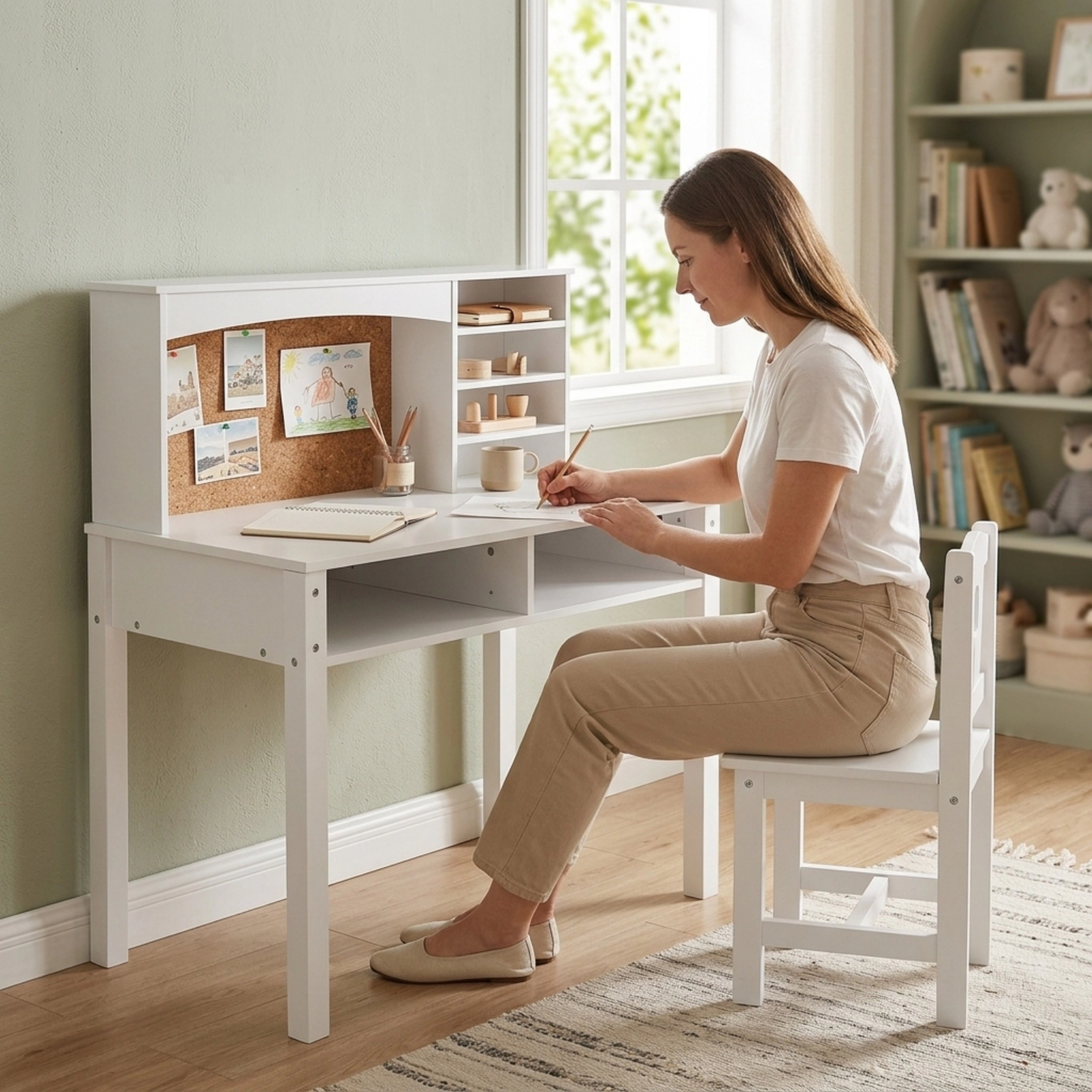 SUGIFT White Kids Desk and Chair Set with Hutch, Cork Board and 2 Drawers