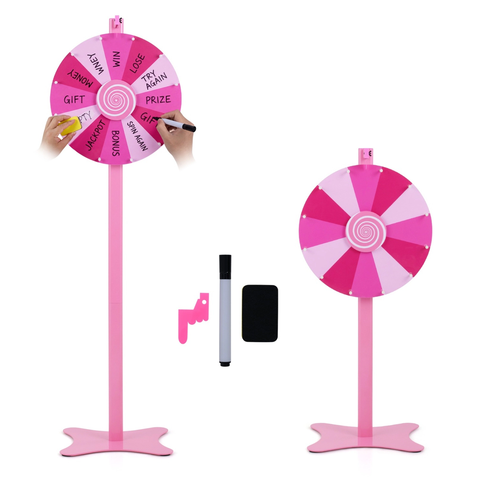 SUGIFT 18-In Prize Wheel Game with Blackboard Marker and Eraser Adjustable Floor or Table Use Pink