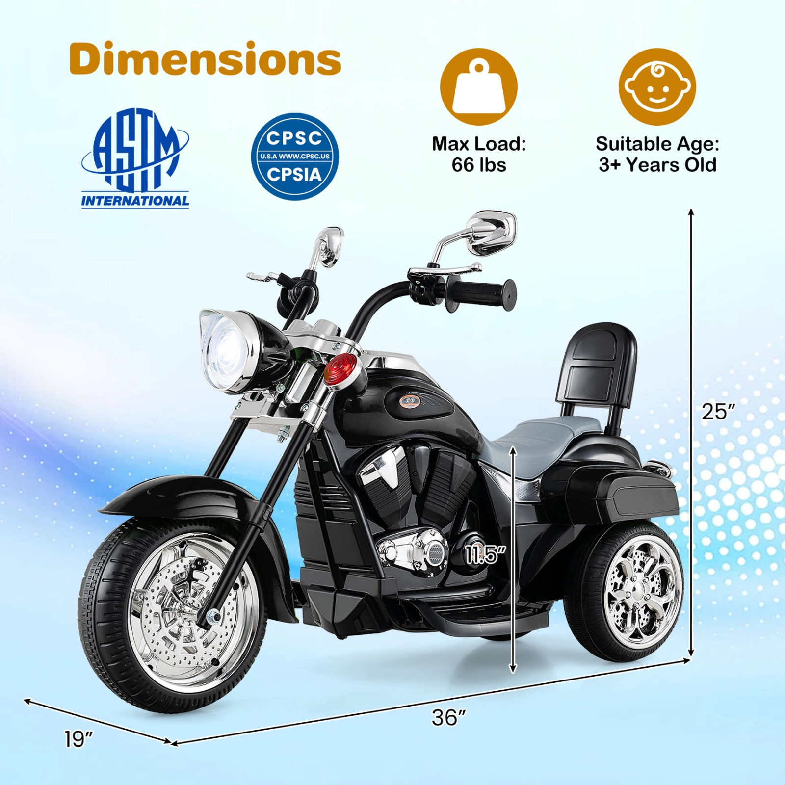 SUGIFT 6V Powered Toddler 3-Wheel Motorbike Ride On Toy with Horn and Headlight 66-lb Capacity Ages 3+ Black