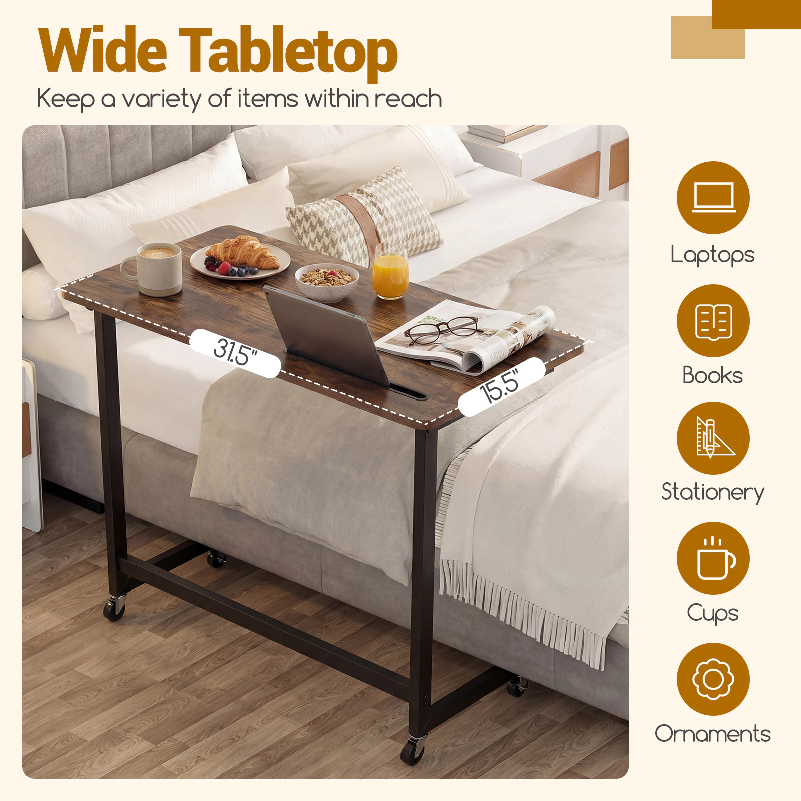 Glintex Rolling Laptop Desk Cart with Built-In Tablet Slot and Locking Casters, Rustic Brown