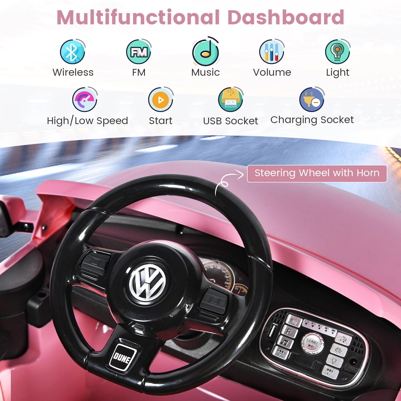 12V Kids Ride On Car Locking Doors Illuminated Dashboard Parent Remote 37.5-in Ages 3-8 66-lb Capacity Pink