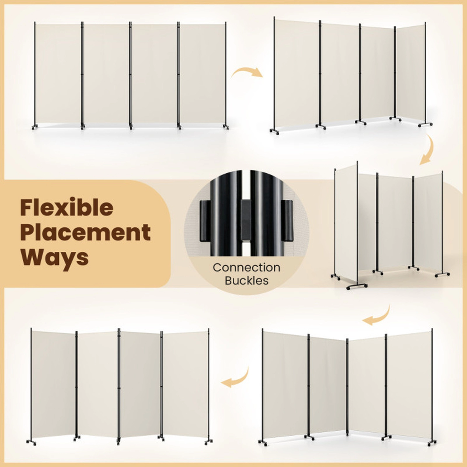 SUGIFT 4-Panel Connection Buckle Metal Frame Stable Base Folding Room Divider 137-in x 12-in x 71.5-in 22-lb White