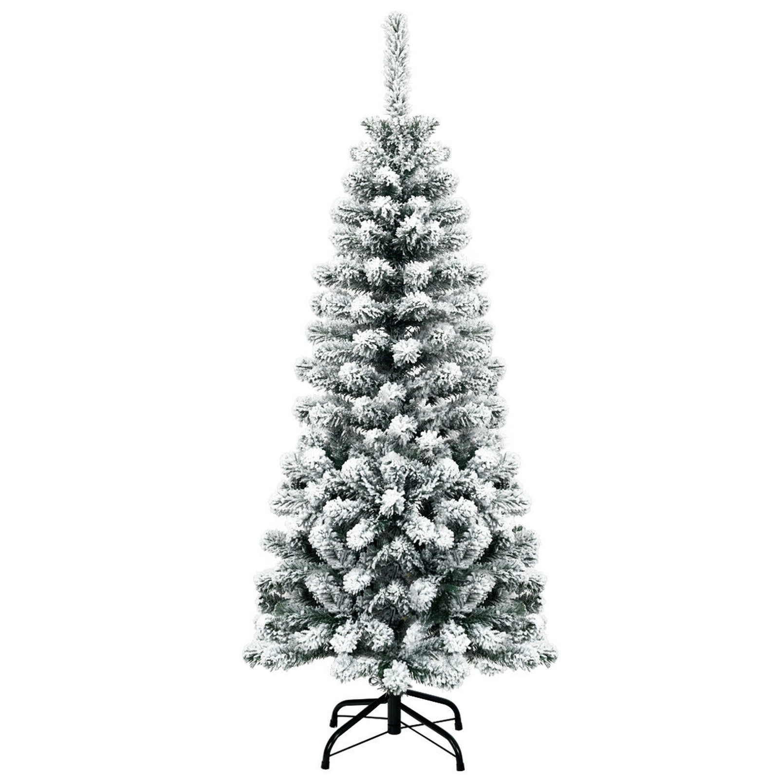 SUGIFT 4.5-ft Unlit Hinged Snow Flocked Artificial Pencil Christmas Tree 242 Tips 1.8-ft Wide 14-in Metal Stand White