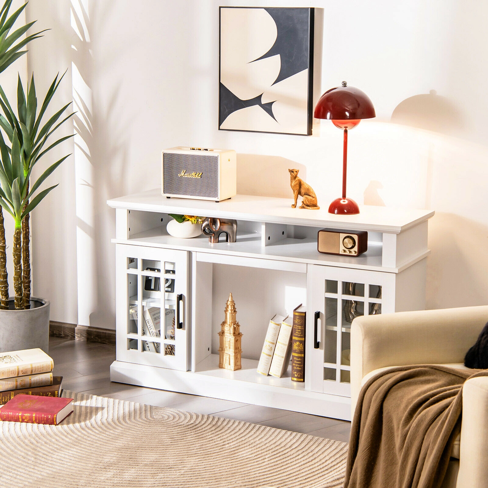 SUGIFT 48-In White Electric Fireplace TV Stand for TVs Up to 50 In, Adjustable Shelves