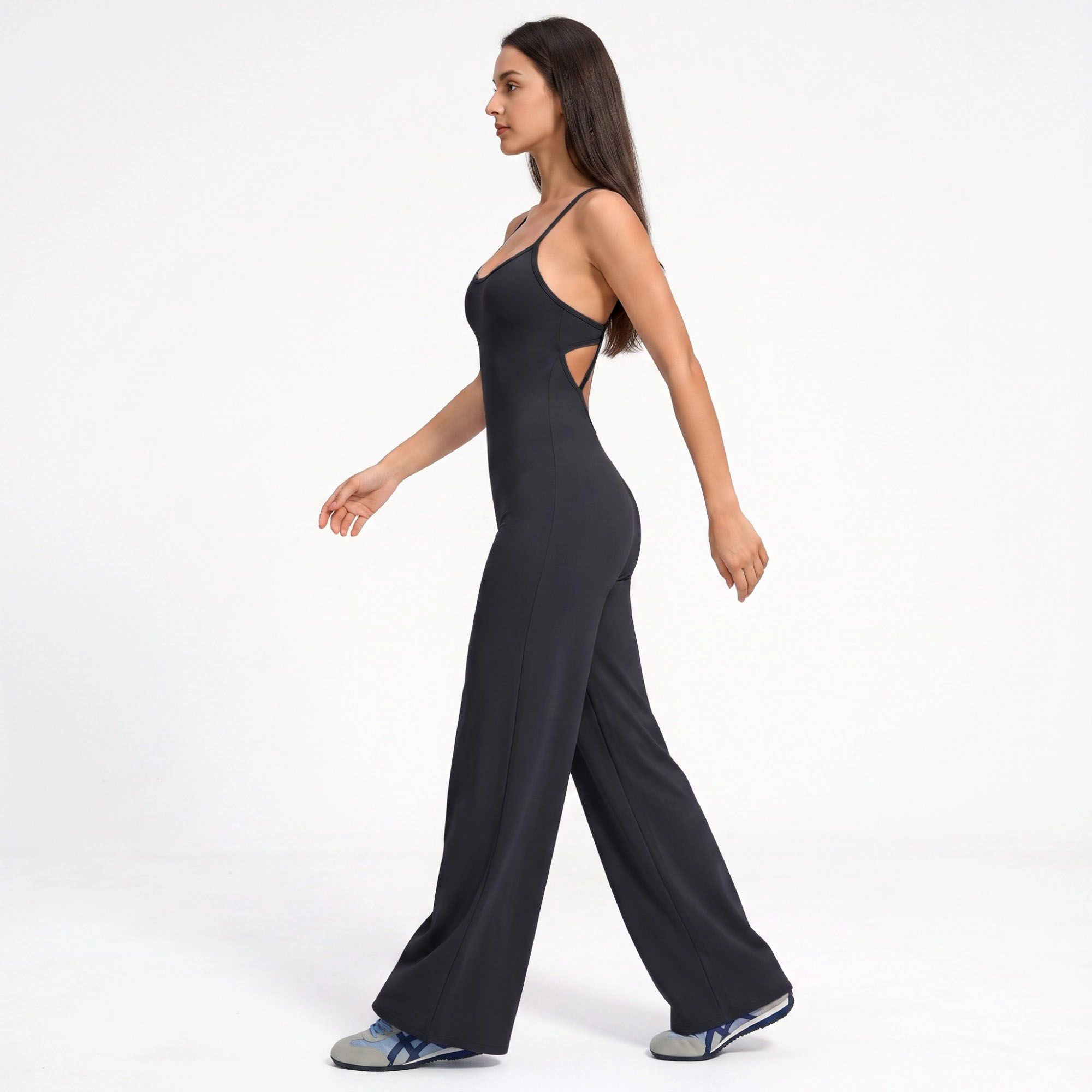 Anna-Kaci Women's Scoop Neck Wide Leg Athletic Jumpsuit with Adjustable Crisscross Back Straps for Yoga Gym