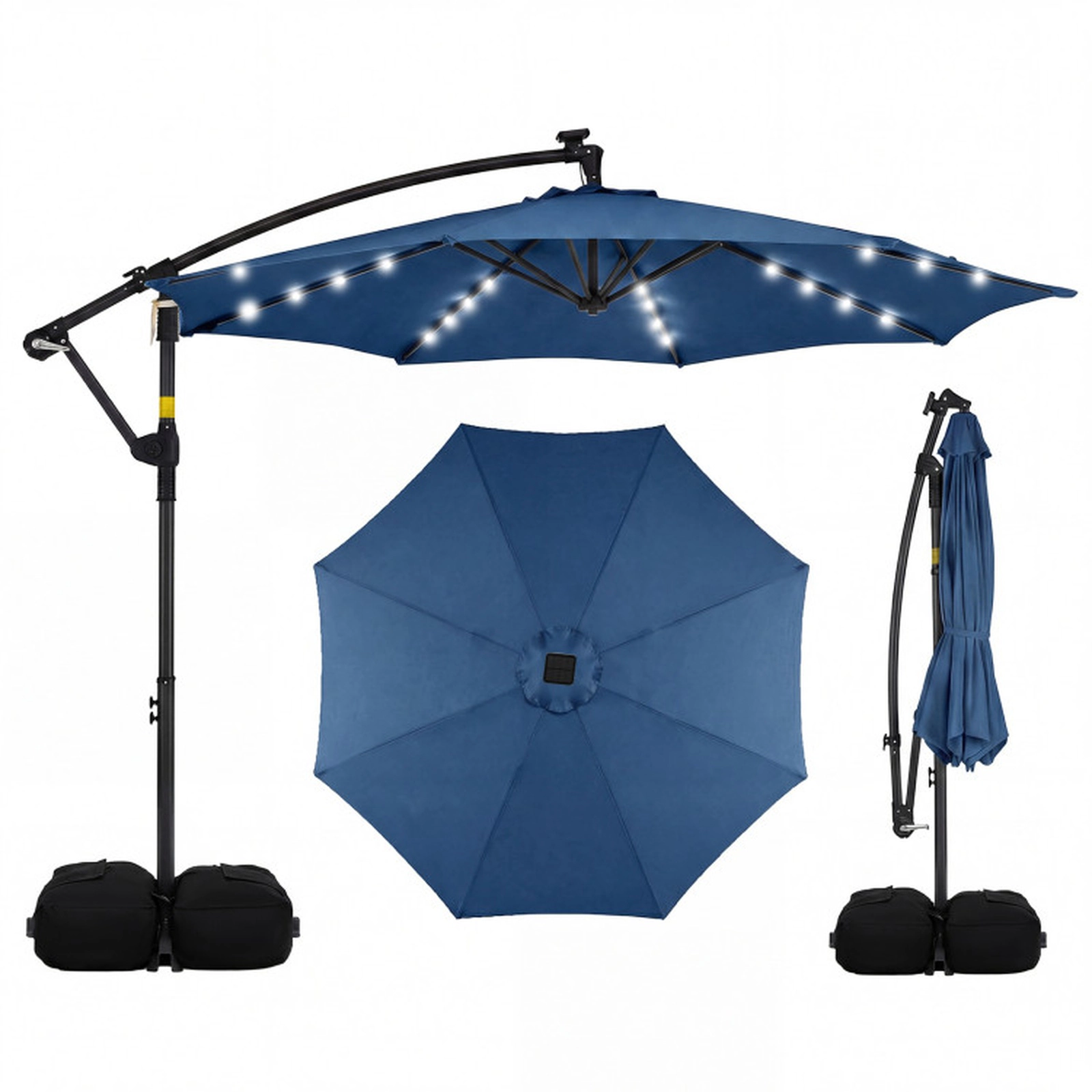 SUGIFT 10-ft Blue Solar LED Offset Cantilever Patio Umbrella with Cross Base and 2 Sandbags for Backyard