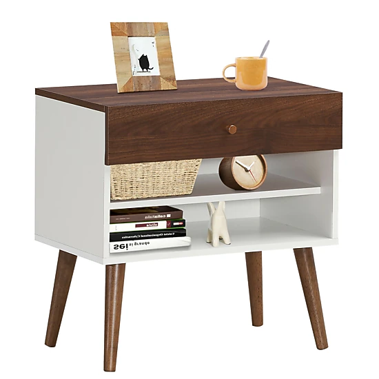 SUGIFT 23.5-in Walnut Mid-Century Nightstand and Sofa Side Table with Drawer, 2 Shelves