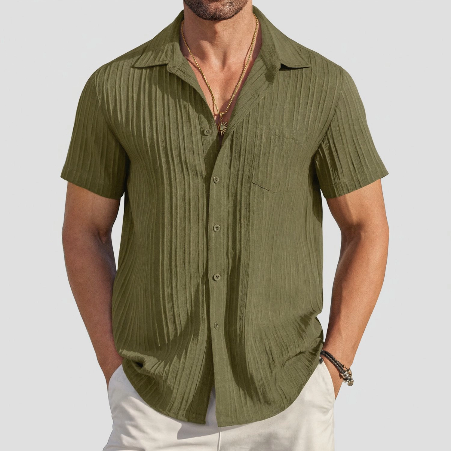 COOFANDY Mens Short Sleeve Button Down Shirt  Pleated Camp Collar Casual Tops