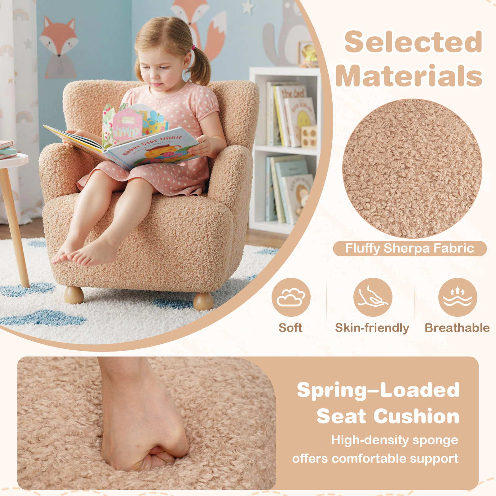SUGIFT Light Pink Sherpa Kids Armchair with Rubber Wood Legs