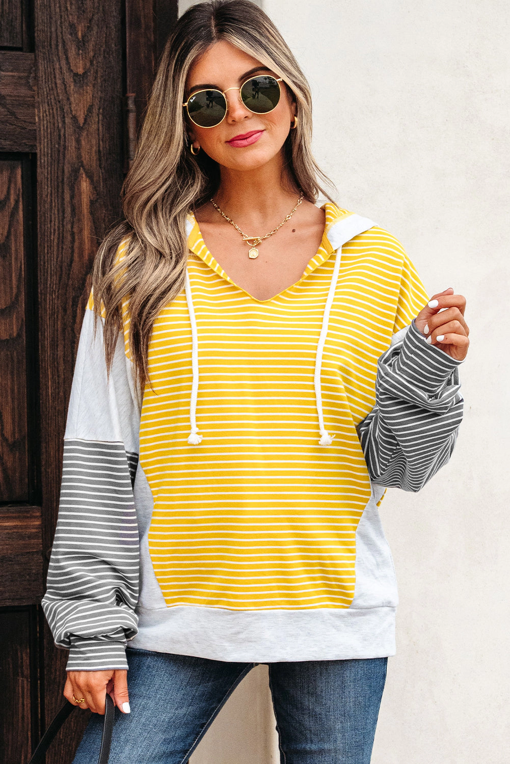 Threaded Pear Women's Margot Stripe Drawstring Loose Fit Hooded Top