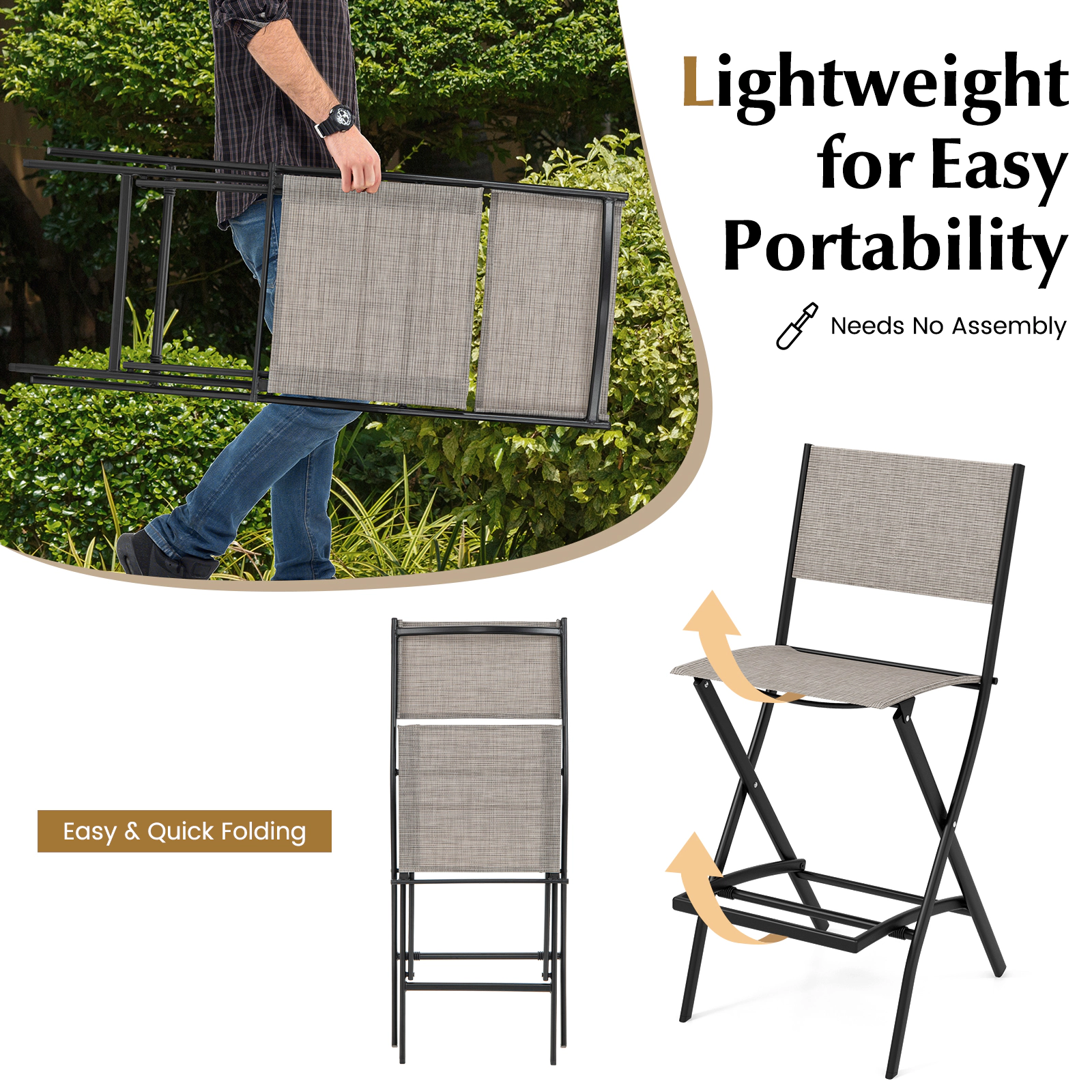 SUGIFT Outdoor Folding Bar Stool Set with Footrest 330-Lb Capacity 28-in Seat Height Blue Coffee