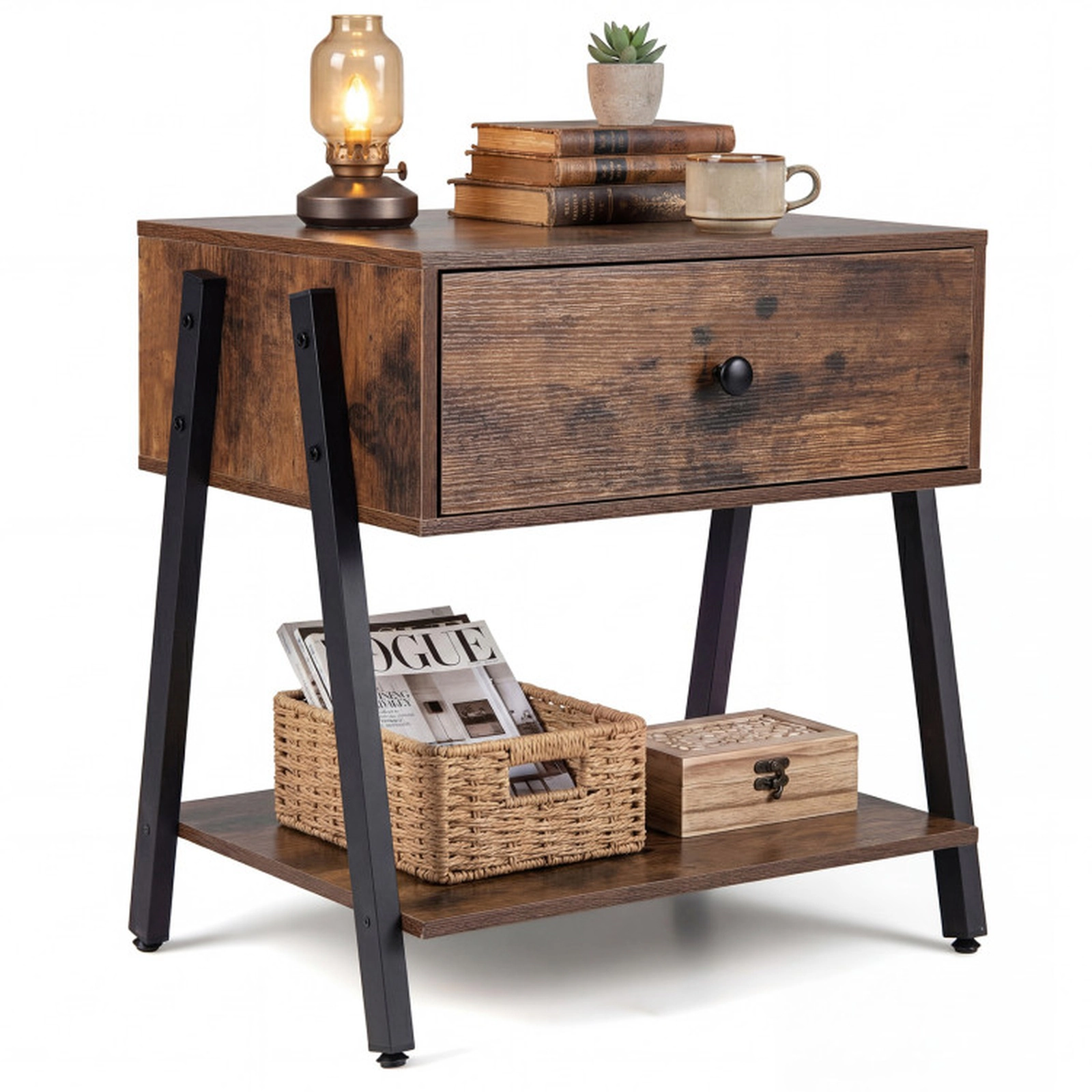 SUGIFT Industrial Nightstand with Drawer and Bottom Shelf 44-lb Top Shelf Capacity Rustic Brown 20-in Tabletop